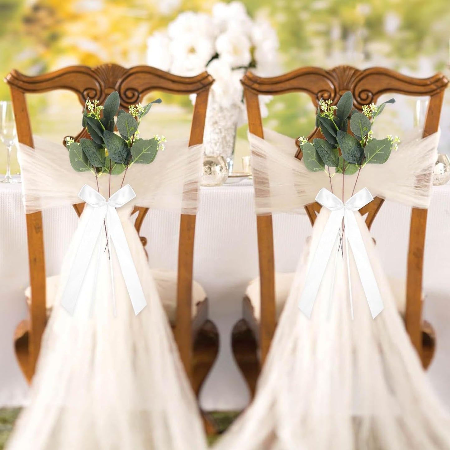 Regine Switzerland Wedding Aisle Decorations - 24 Sets of Elegant White Ribbon Bows with Eucalyptus Stems for Ceremony and Chair Sashes