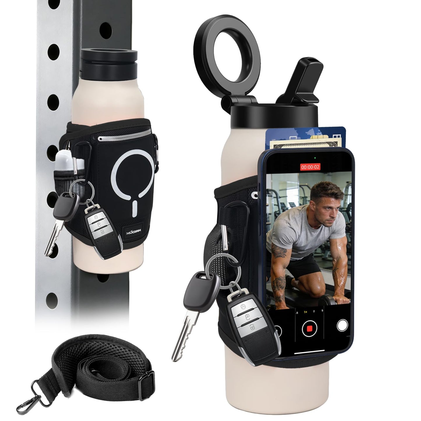 CNAIDUNR Magnetic Gym Water Bottle Bag（Max 32OZ） & Holder with Magnetic Phone Pocket, Keys & Bluetooth Earphone Storage, Gym Accessories Organizer with Card & Cash Pocket (Black)
