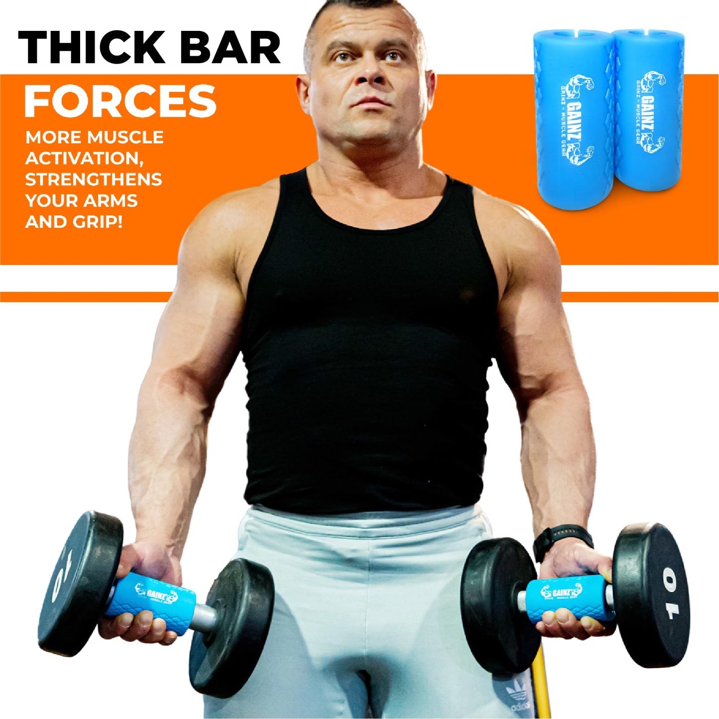 Gainz - Thick Bar Dumbell/Barbell Weight Lifting Adapters - Grow Bigger Biceps - Training, Bodybuilding (Set of 2) (Blue)