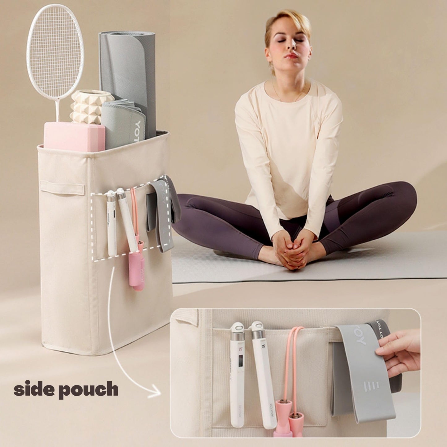 CANFOD Home Gym Storage Rack, Workout Organizer, Exercise Equipment Storage for Yoga Mat Straps, Thick Yoga Mat (Oatmeal Beige, Large)