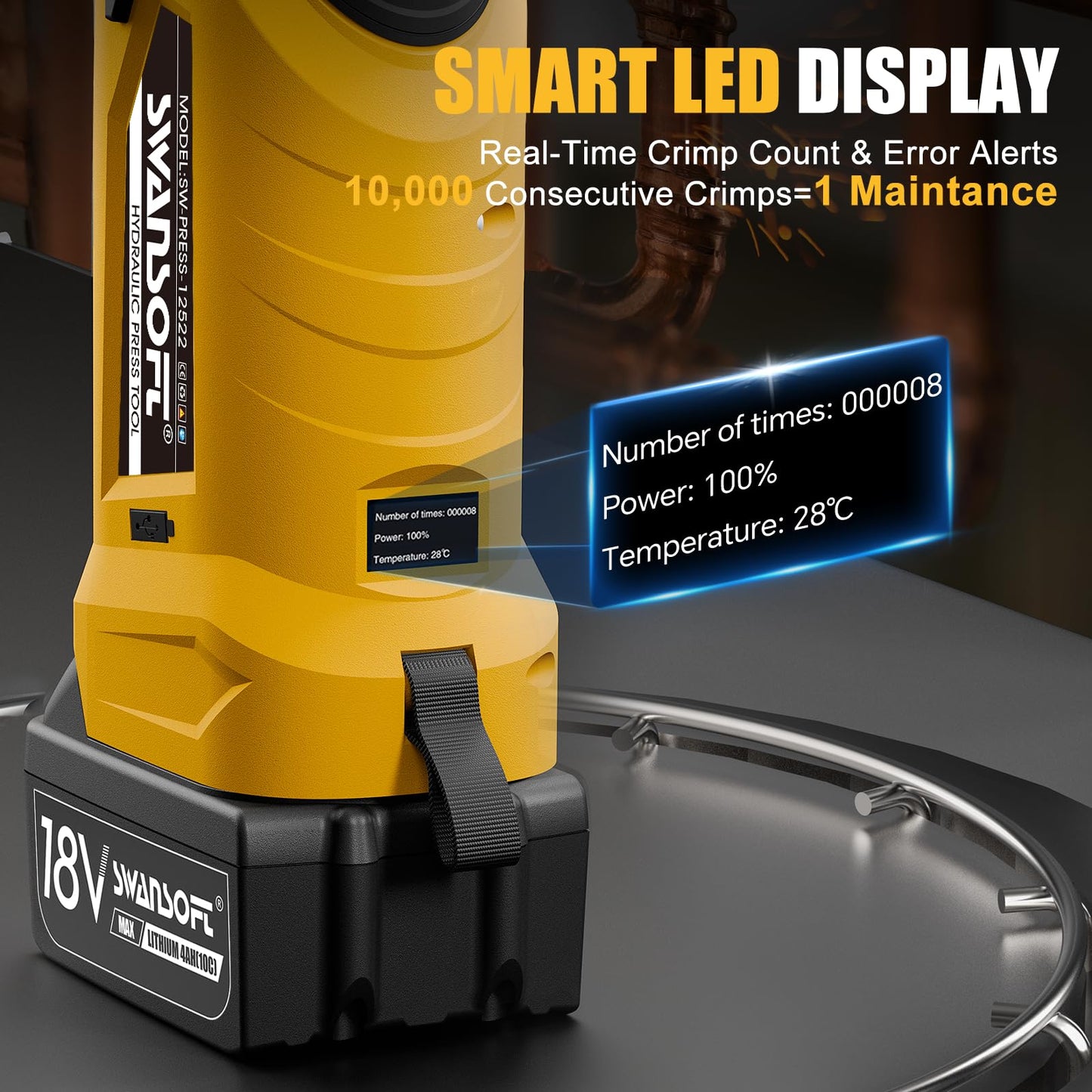 SWANSOFT Pro Press Tool, 18V 4Ah Battery Electric Hydraulic Crimping Tool for Copper Pipes with 3 US Compact VUS 1/2", 3/4'', 1",Jaws Pro Press Copper Plumbing Crimper Tool Kit (SWPR-12522Y)