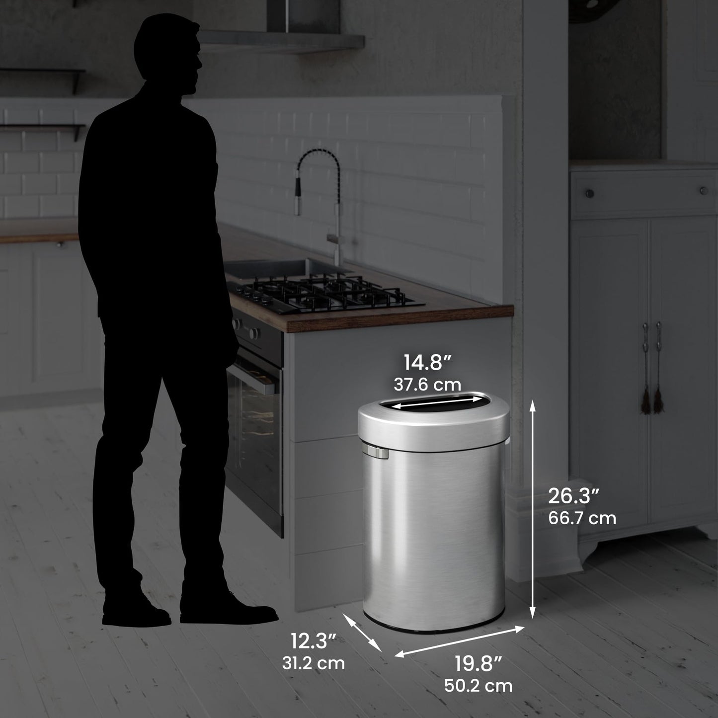 iTouchless 18 Gallon Stainless Steel Semi-Round Open Top Trash Can and Recycle Bin, 68 Liter, Slim and Space-Saving Design for Home, Office, Kitchen, Restaurant, Restroom, Large Capacity