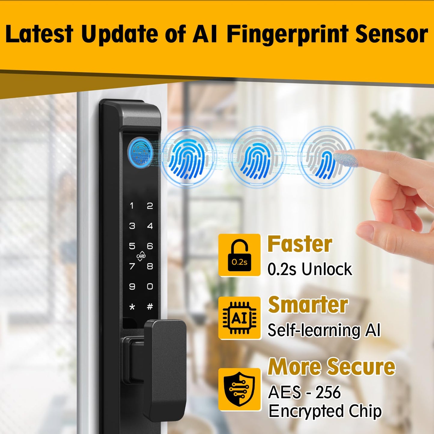 Sliding Glass Door Lock, Eseesmart Sliding Door Smart Lock with Fingerprint Code Keypad RFID Card Bluetooth App Key, Electronic Digital Biometric Keyless Entry Patio Door Lock with Handle