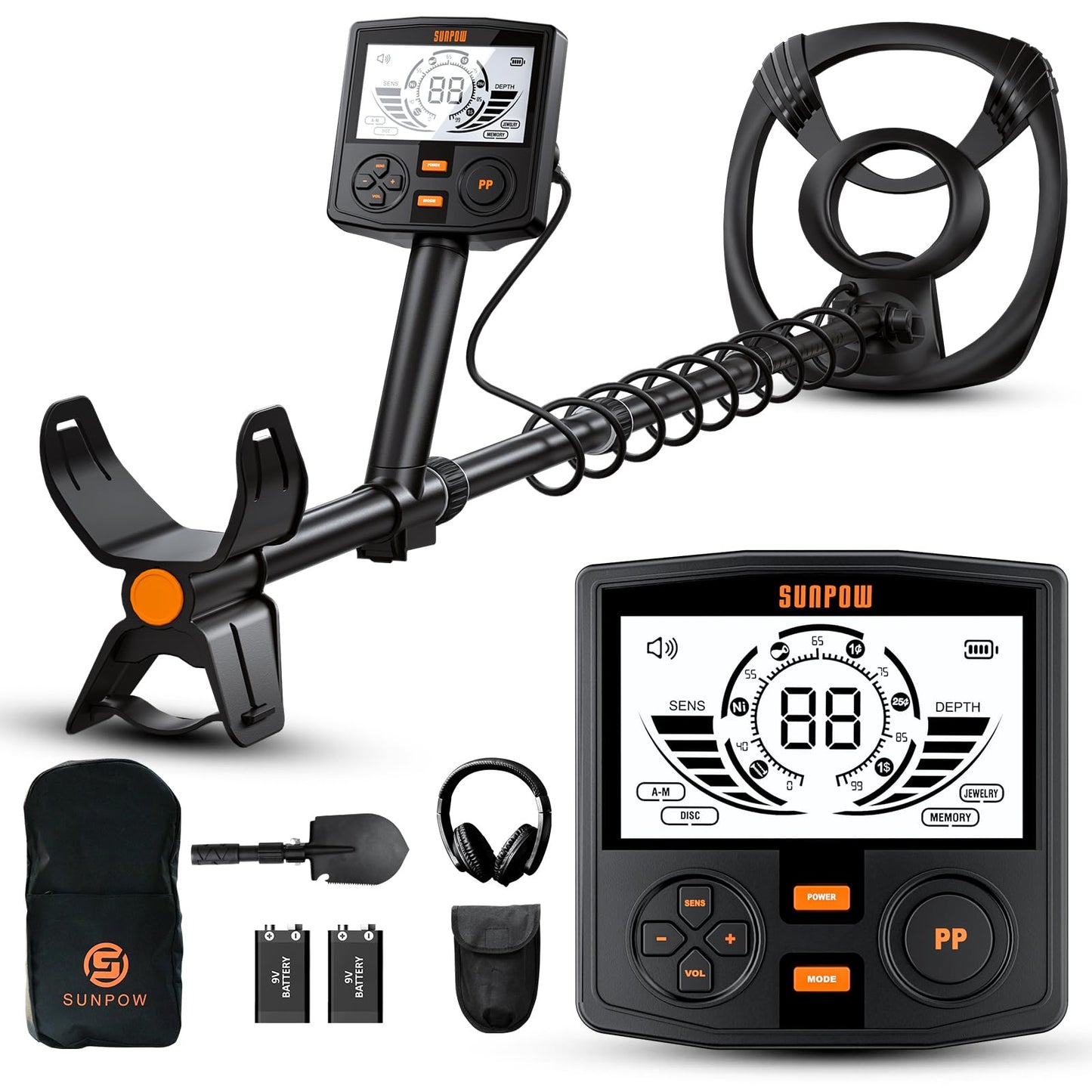 SUNPOW Professional Metal Detector for Adults - Pinpoint Accurate & Easy to Use - 12" Waterproof Coil, 2X Backlit LCDs, DSP Chip, 5 Modes - Adjustable (19"-59") for Beach, Field, Garden