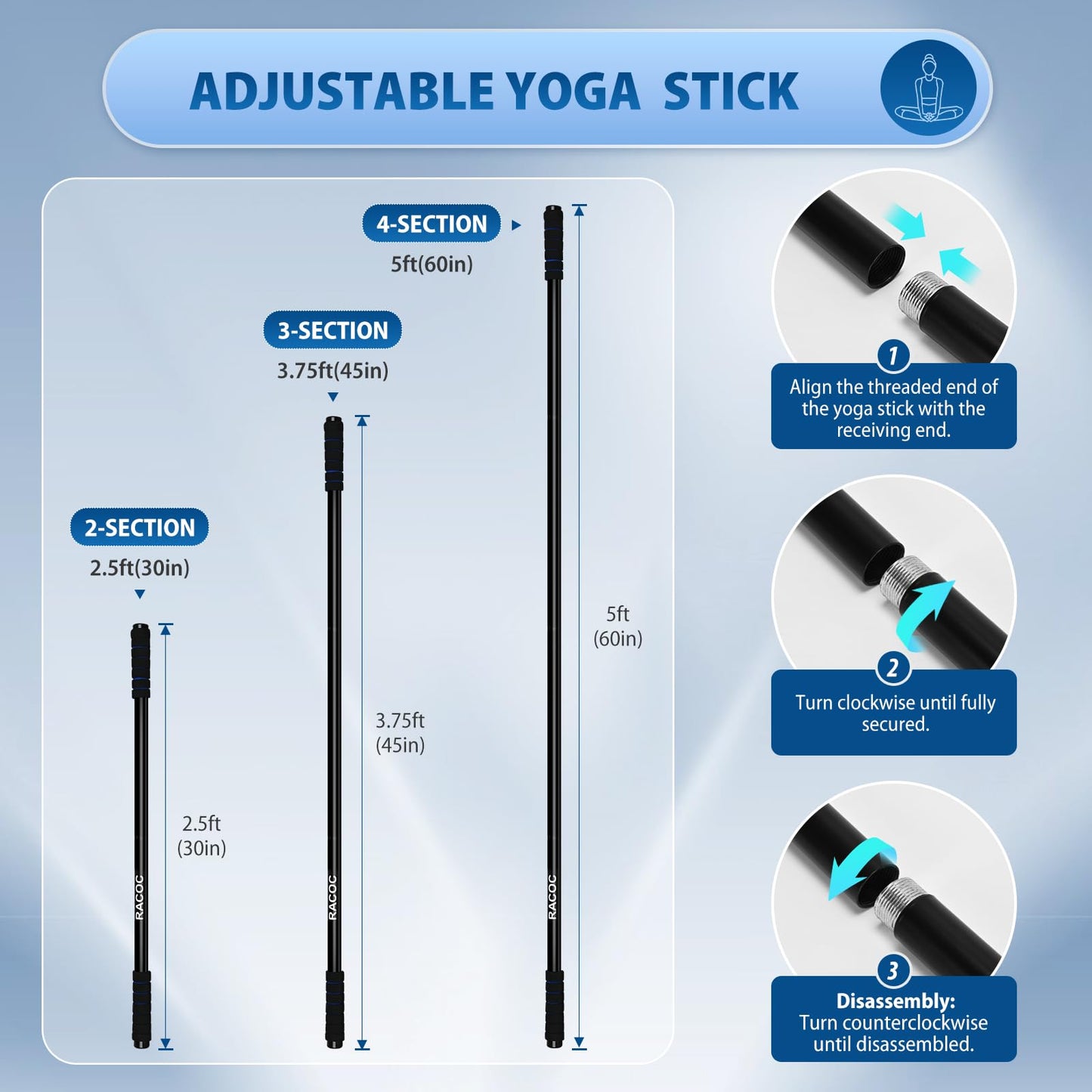 Yoga Stick 5 ft, Sturdy Steel Adjustable Stretching Stick for Mobility, Balance and Flexibility, Versatile Exercise Stick with Non-Slip Ends and Foam Handles for Fitness, and Posture Correction