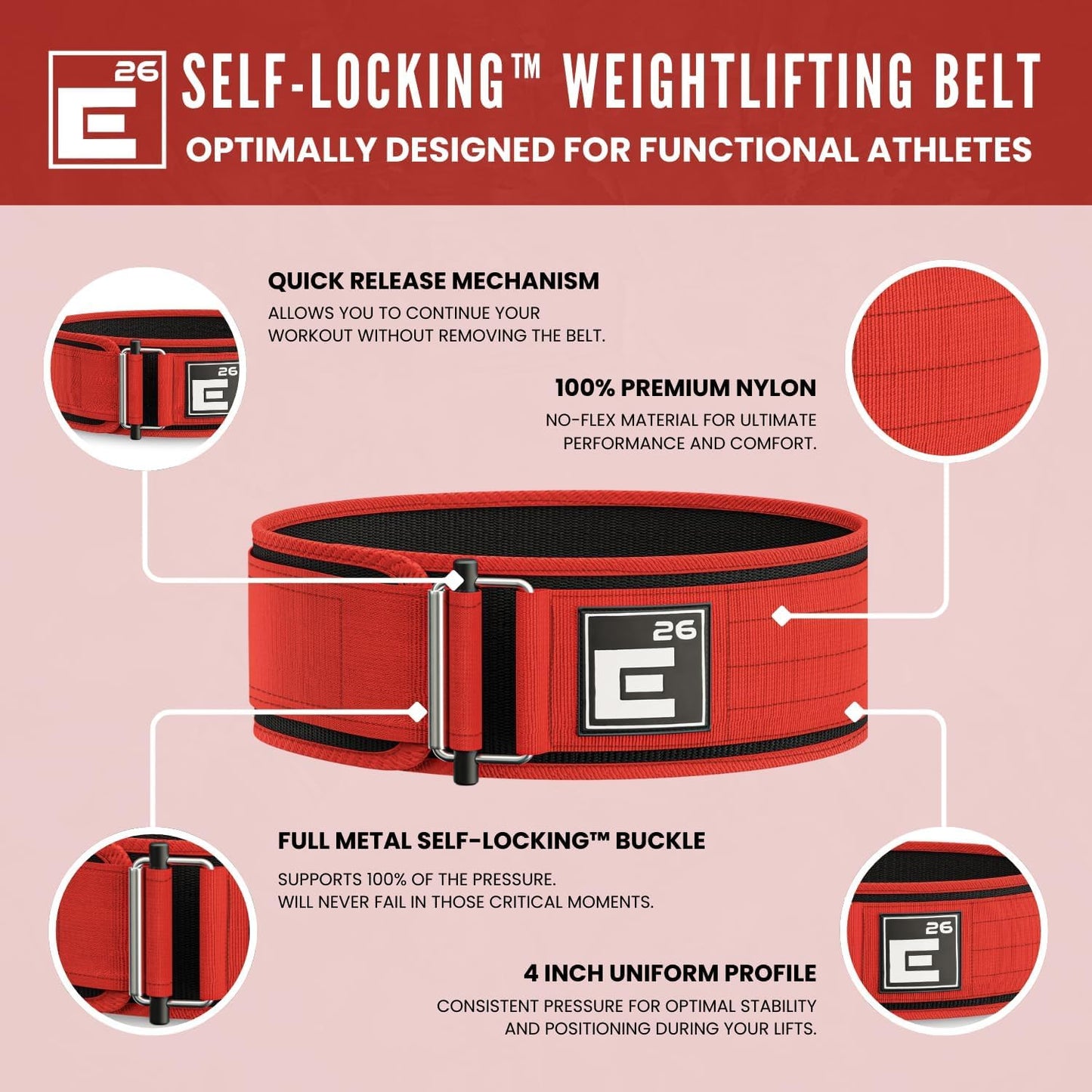 Self-Locking Weight Lifting Belt | Premium Weightlifting Belt for Serious Functional Fitness, Power Lifting, and Olympic Lifting Athletes (Extra Large, Red)