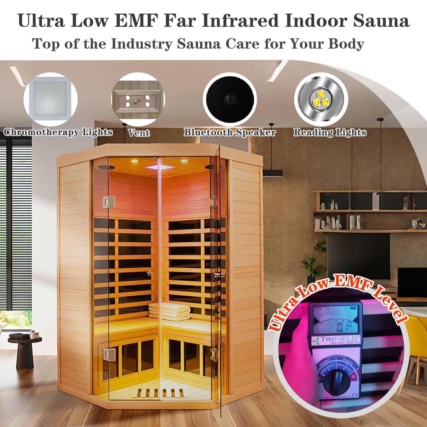 Smart Indoor Sauna 2-3 Person, 0-5mG Ultra Low Emf Far Infrared Sauna for Home, 1520w Hemlock Wooden Sauna Room with APP & LCD Control Panel, Bluetooth Speaker, Chromotherapy Lights, Thermal Cover