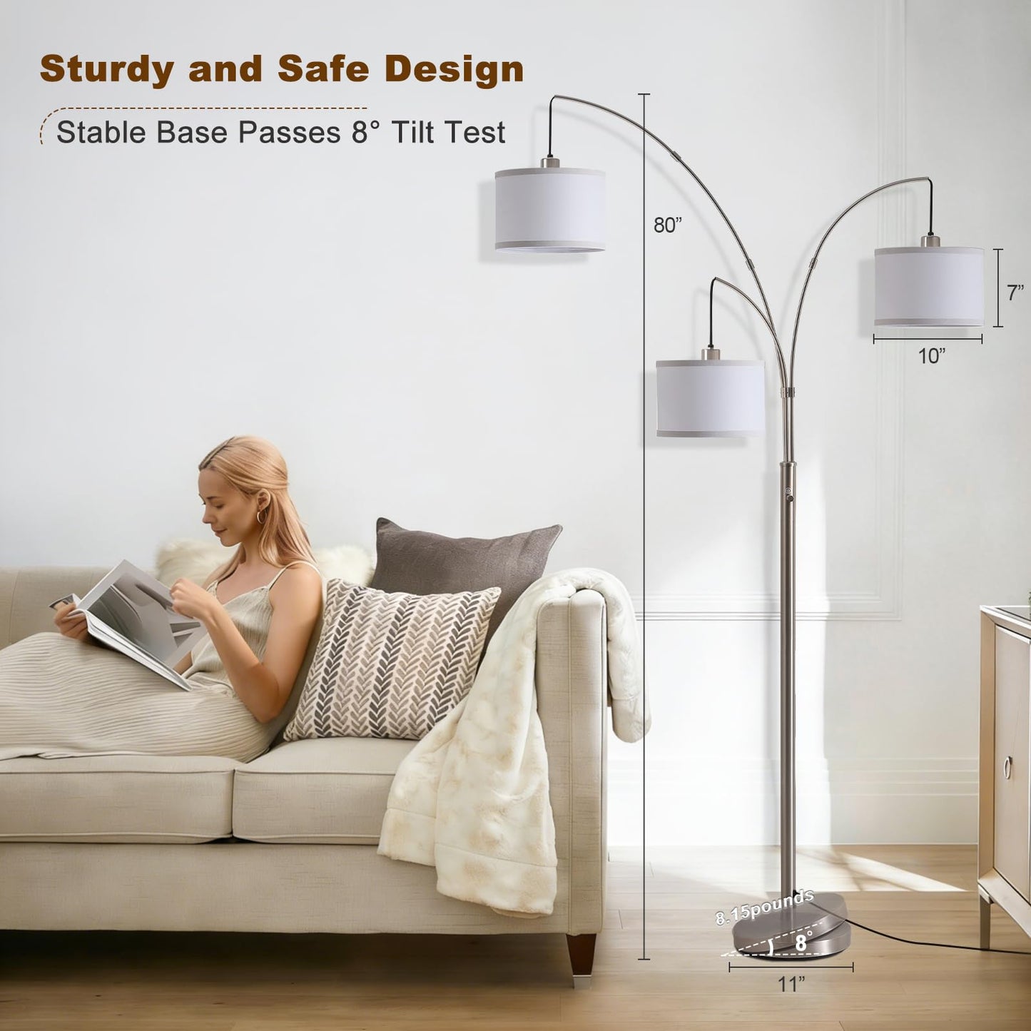 Fansdrick Floor Lamps for Living Room, 2400LM Super Bright Arc Floor Lamp with Remote Control, 3 Light Tall Floor Lights with Stepless Dimmable, 80" Mid Century Tree Floor Lamp for Bedroom, Office