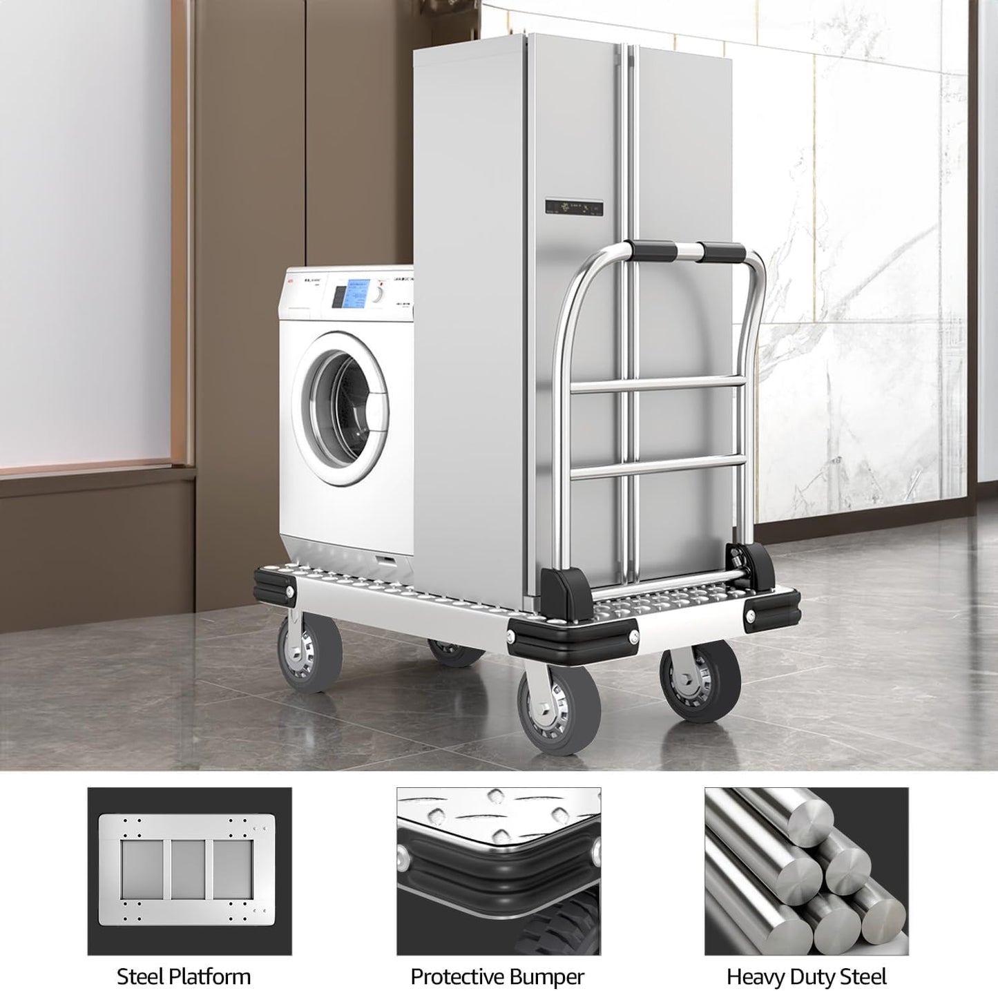 2200 lbs. Capacity Foldable Push Cart Dolly | Moving Platform Hand Truck | Heavy Duty Space Saving Collapsible | Swivel Flat Bed Wagon - Furniture Luggage Lifting