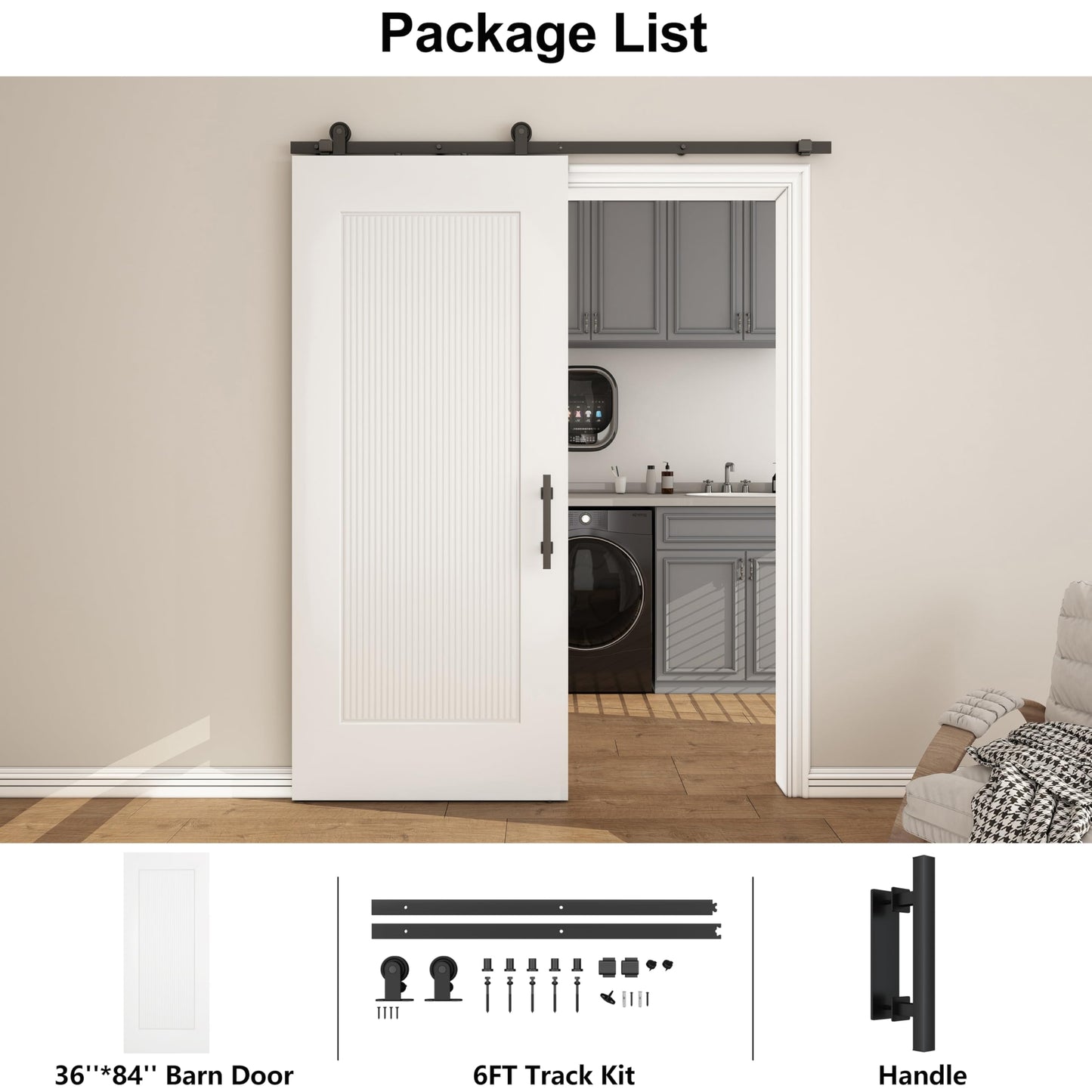 JUBEST 36''x84'' Sliding Barn Door, 1 Panel Reeded White Primed Sliding Closet Door with Matte Black 6FT Hardware Kit, Hollow Core Interior Door, Pre-Assembled Panel, Durable & Sturdy
