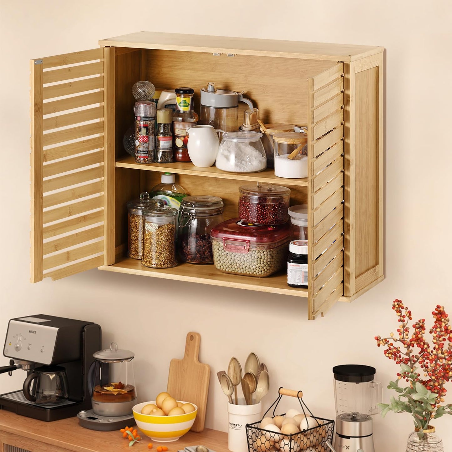 HYNAWIN Bathroom Wall Mounted Bamboo Storage Cabinet with Double Doors, 2-Tier Adjustable Shelf, Over Toilet Organizer for Bathroom, Kitchen, Entryway