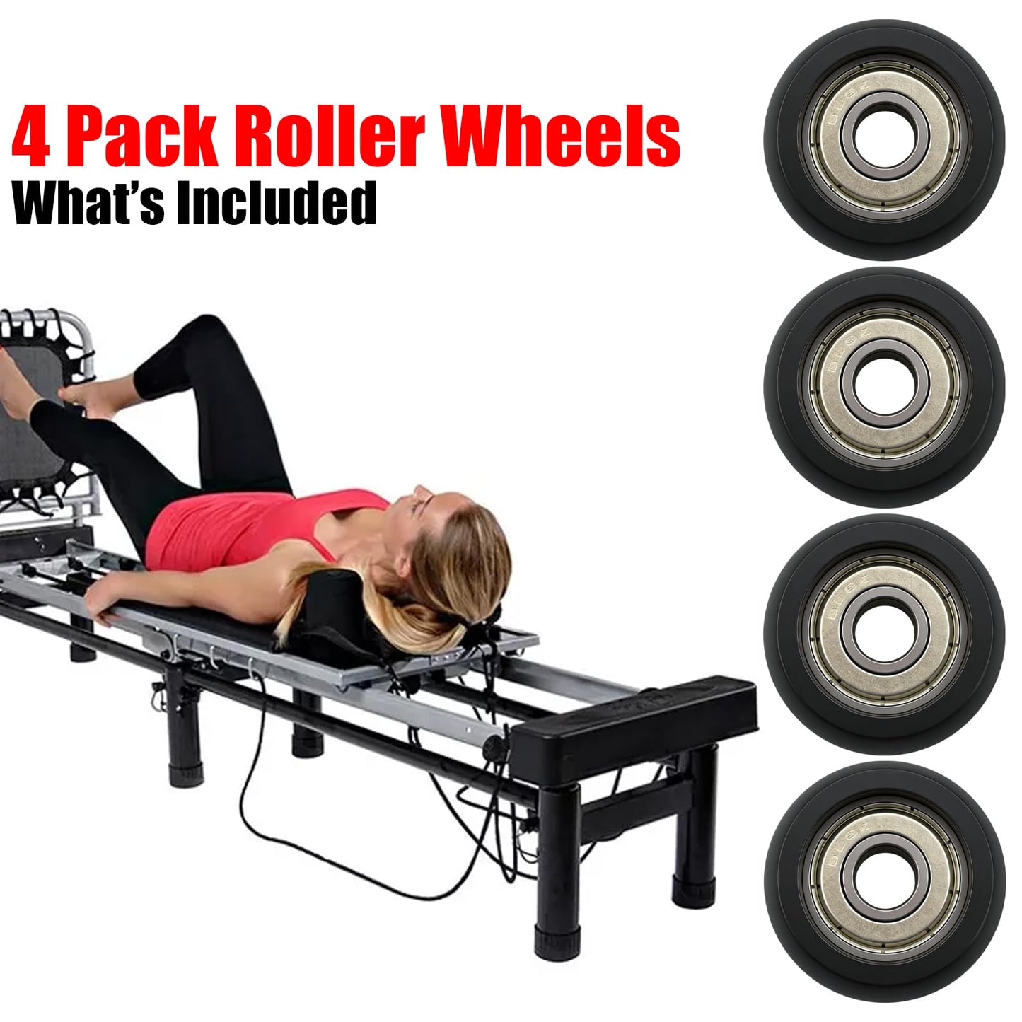 Replacement Roller Wheels Fit for Aero Pilates Reformer Machines Part Easy to Install, Smooth and Quiet Glide (4 Pack, Black)