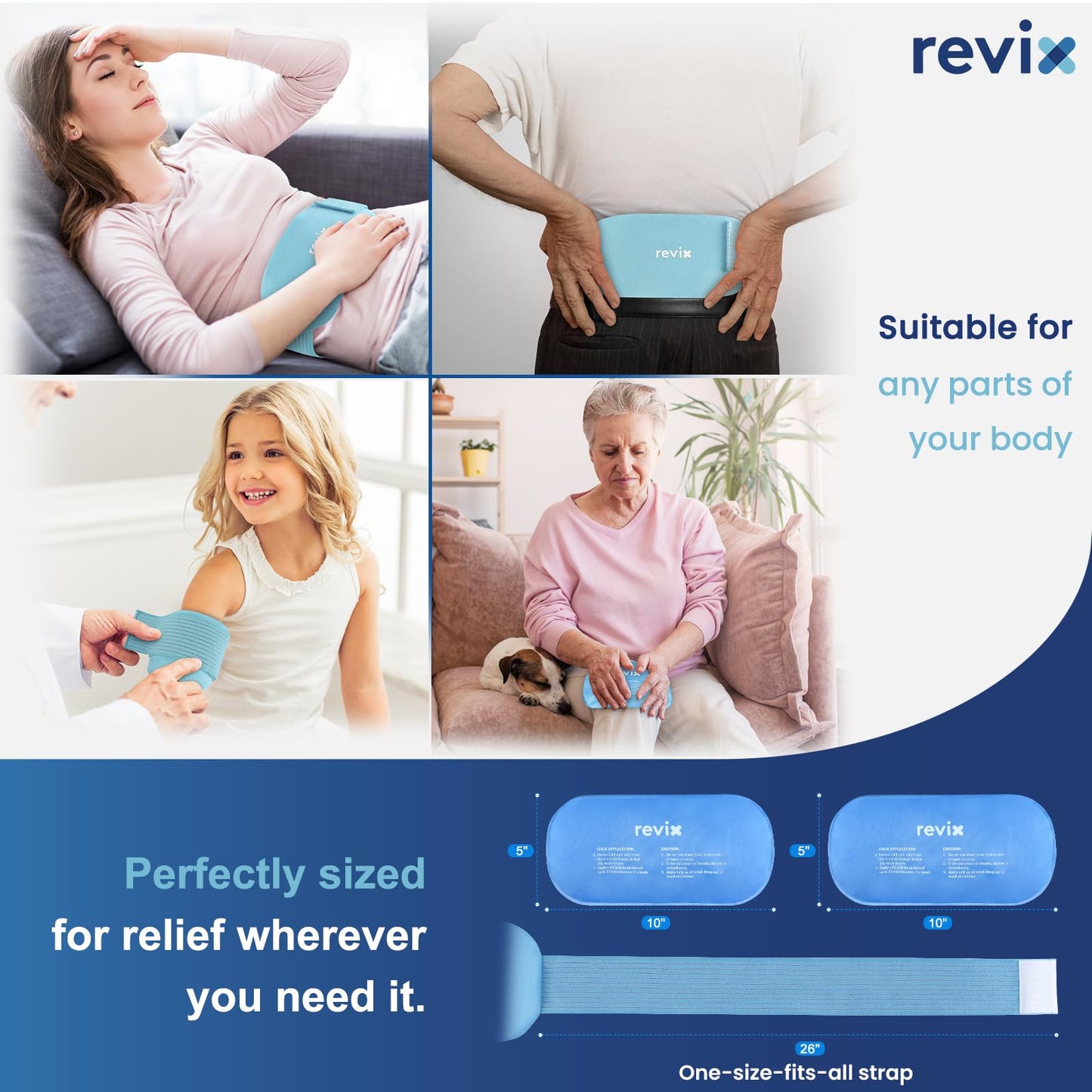 REVIX Ice Packs for Injuries Reusable, 2 Packs Hot and Cold Pack with Adjustable Strap, Flexible Ice Wraps for Joints and Muscle, Rotator Cuff, Back, Knee Discomfort Relief (10" x 5" Blue)