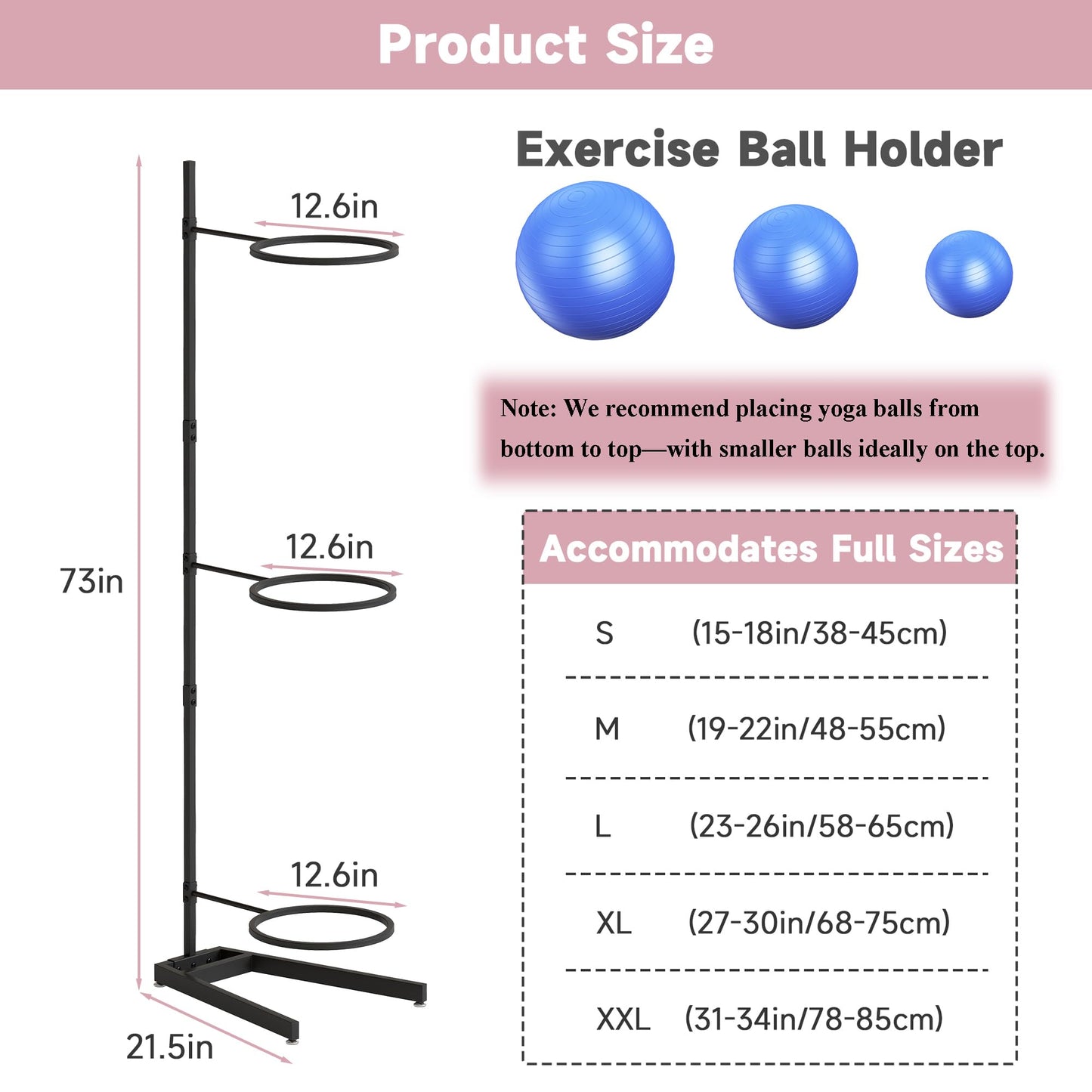 Tcatec Yoga Ball Holder, 3 Tiers Exercise Ball Holder Heavy Duty Stability Ball Stand Gym Accessories Vertical Ball Storage Rack Organizer for Commercial & Home Use
