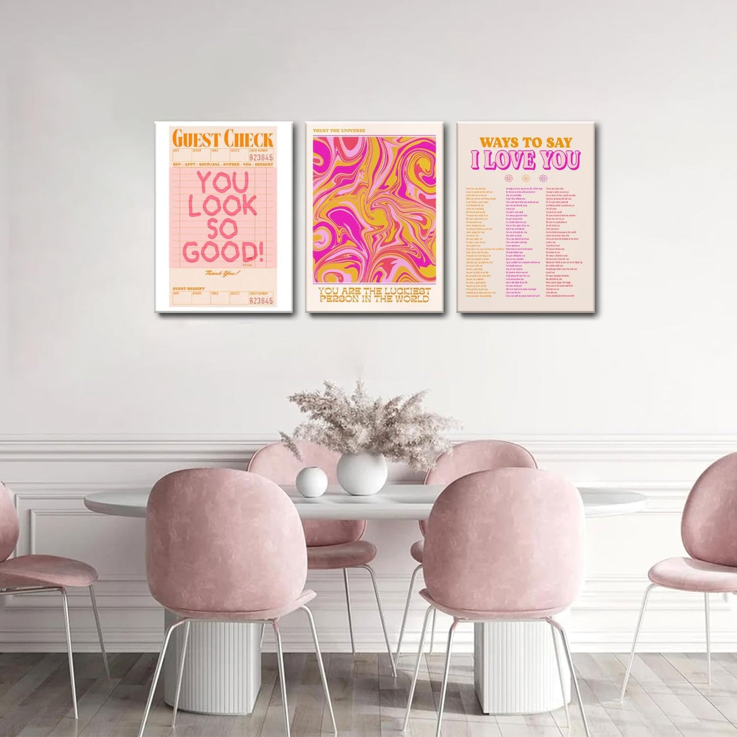 Pink Wall Decor - Canvas Art Set of 3 | Abstract Love Posters | Unique Framed Room Decor for Teens - 12x16''