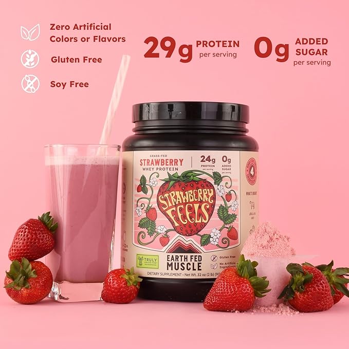 Earth Fed Muscle Strawberry?¯Feels??Forever) ??Irish Truly Grass?‘Fed Whey Protein Isolate, No Sugar, Soy?‘Free, Gluten?‘Free (2 lb, 29 Servings, Strawberry)