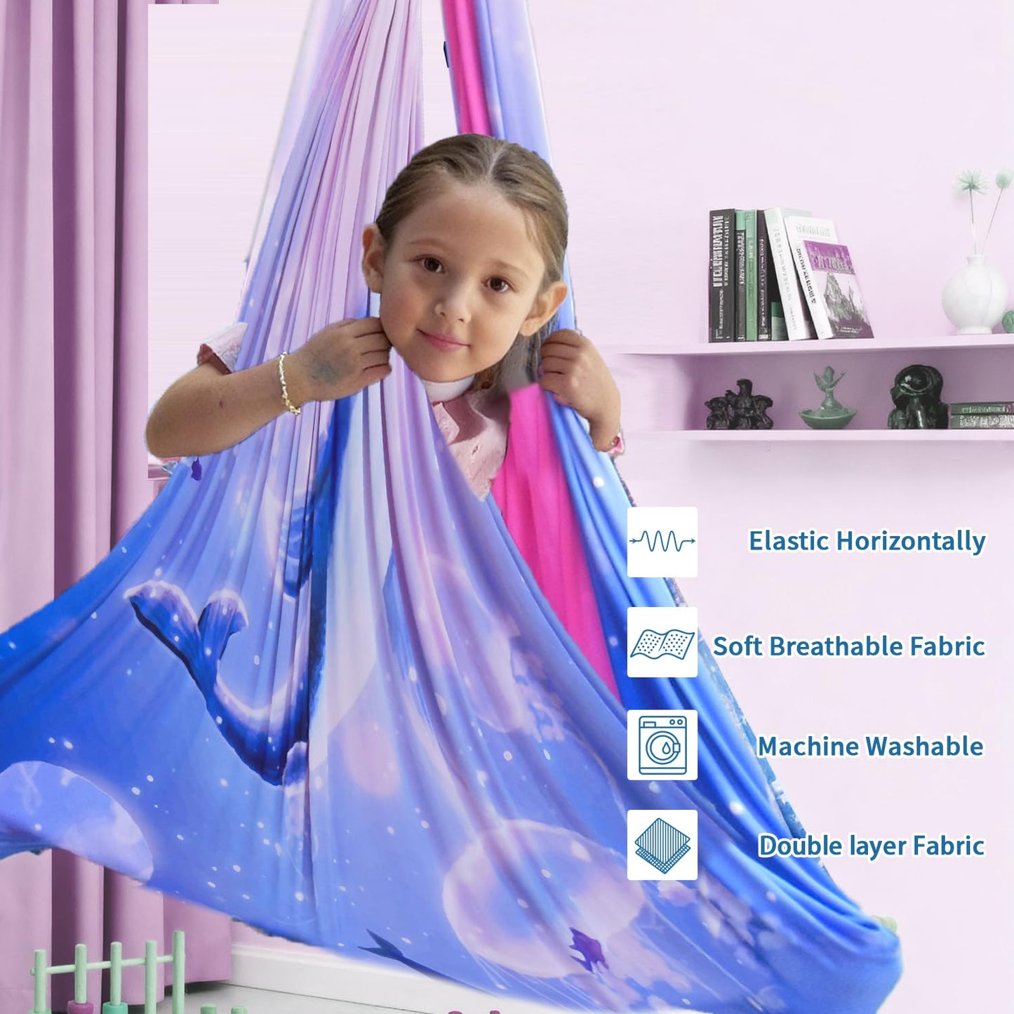 Sensory Swing for Kids & Adults with 360° Swivel Hanger Kit, Double Layer Elastic Therapy Swing Holds up to 300lbs for Autism, ADHD,Aspergers, and SPD (Blue PinkDolphin)