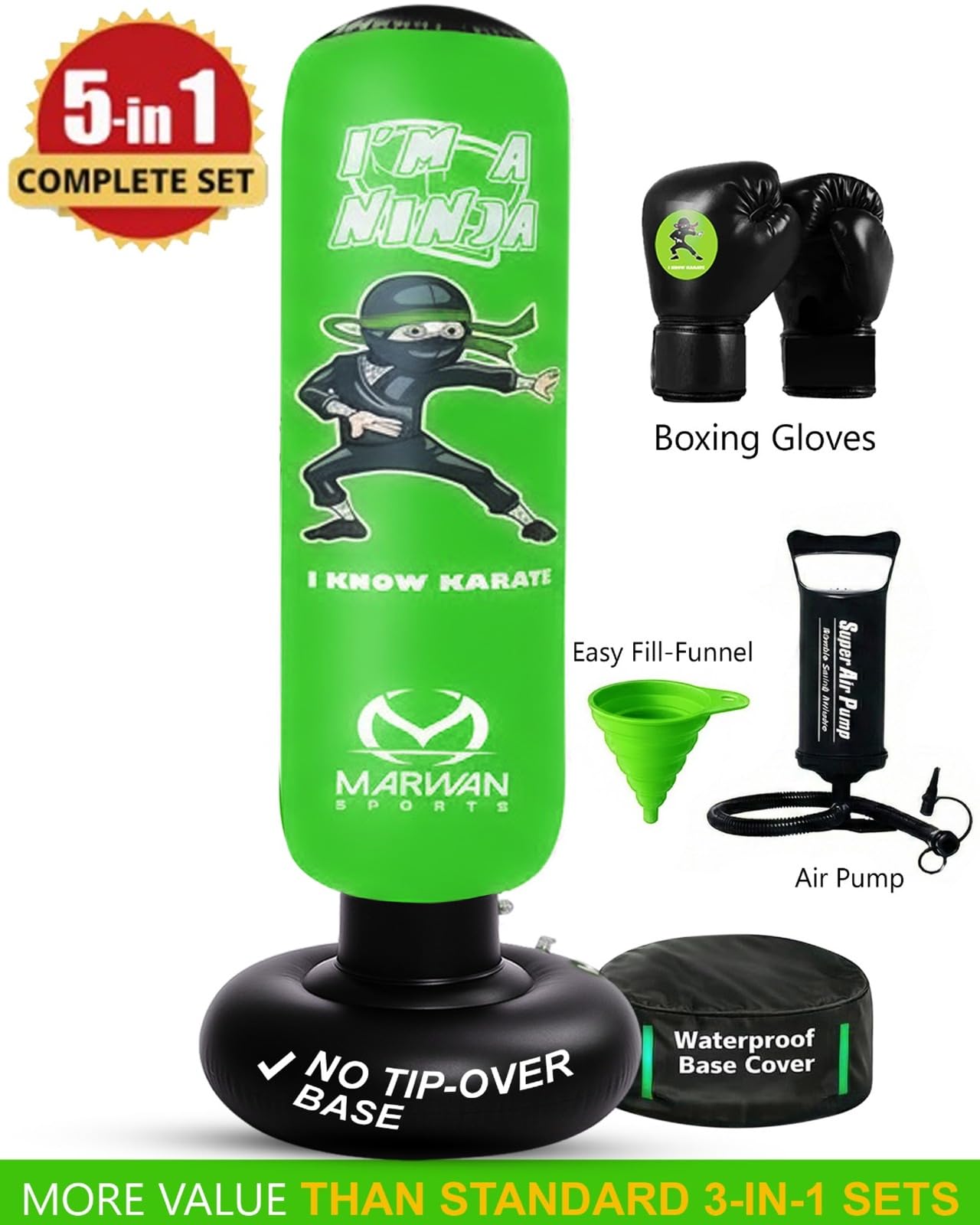 Marwan Sports Ninja Inflatable Punching Bag for Kids 4-12, Indoor Active Play for Sensory Seekers & High-Energy Kids, 63" 5-in-1: Gloves, Manual Pump, Funnel & Drag-Handle Base Cover, Apartment-Quiet