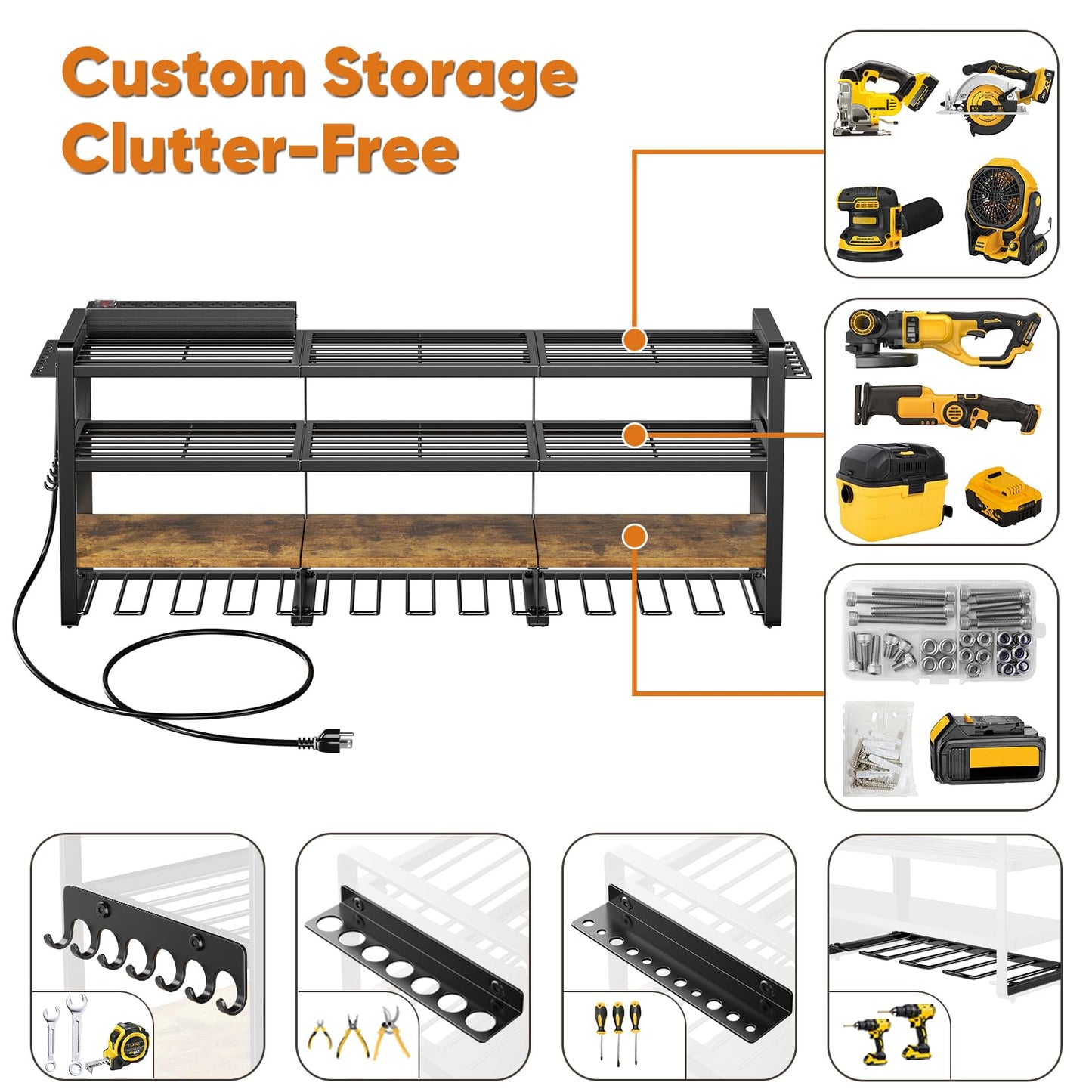 POKIPO 49.5" W Large Power Tool Organizer with Charging Station, 4 Layer Heavy Duty Utility Rack Loads 800lbs, Holds 12 Cordless Drills, Wall Mount Tool Shelf with 8-Outlet Power Strip, Gift for Men