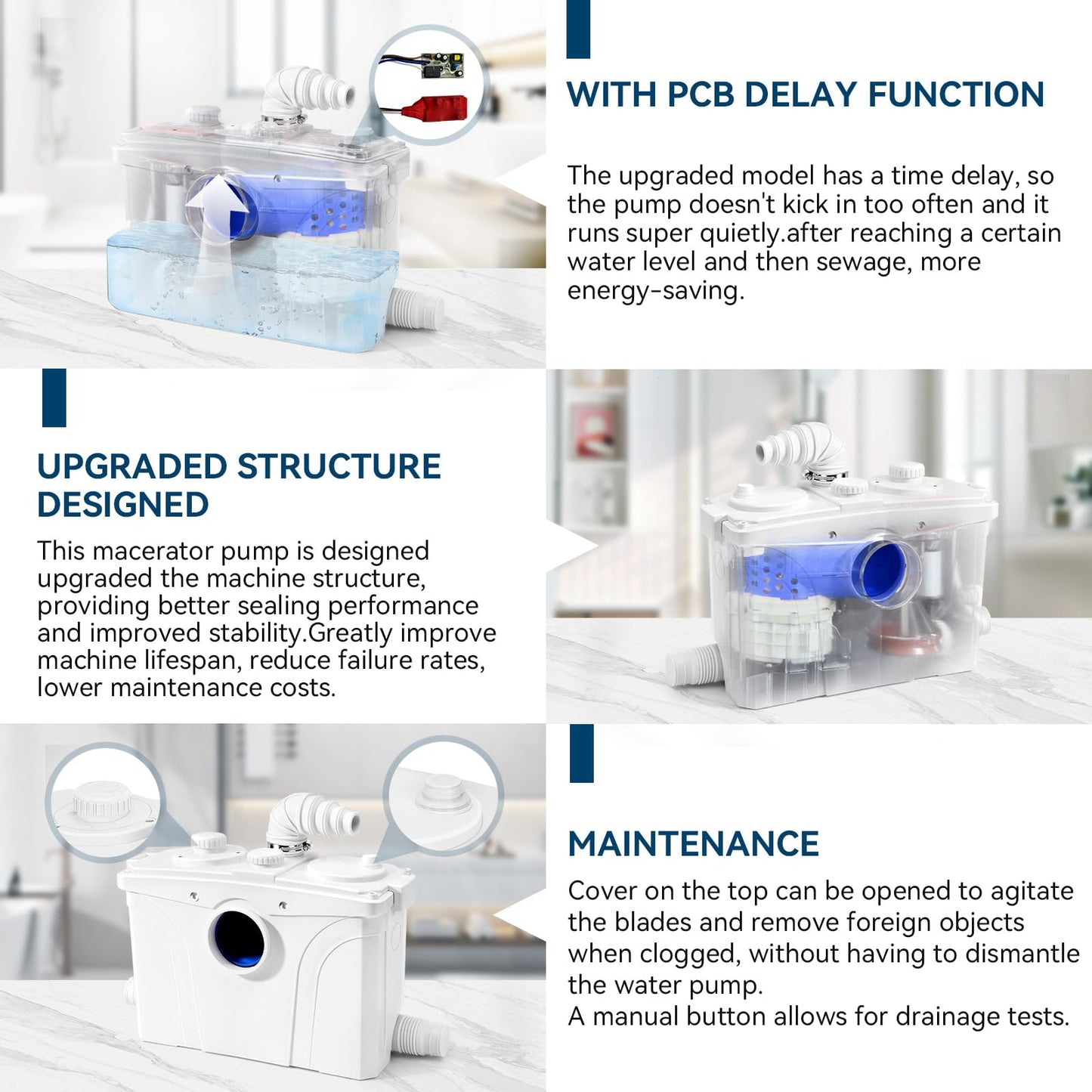 1.2HP Macerator Pump with PCB Function Toilet Pump Utility Sink Pump Upflush to 32.8FT 2500GPH Macerating Toilet System with 4 Water Inlets 1 Outlets for Toilet Sink Shower Laundry Kitchen Basement