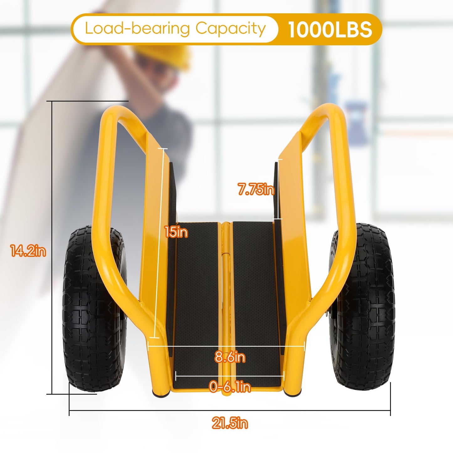 Heavy Duty Panel Dolly Slab Dolly Two Comfortable Handles 10 Inch Solid Rubber Tires Supports Up to 1000 Pounds All Terrain Movement Ideal for Heavy Drywall Sheets and Door Material Transport (Yellow)