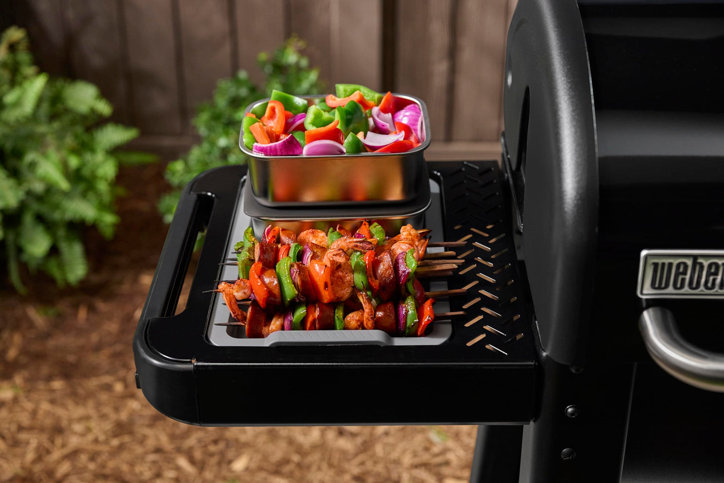 Weber Works Pellet Side Table – Durable Steel Side Table with 2‑Sided Cutting Board, Fits Searwood™ & Smoque™