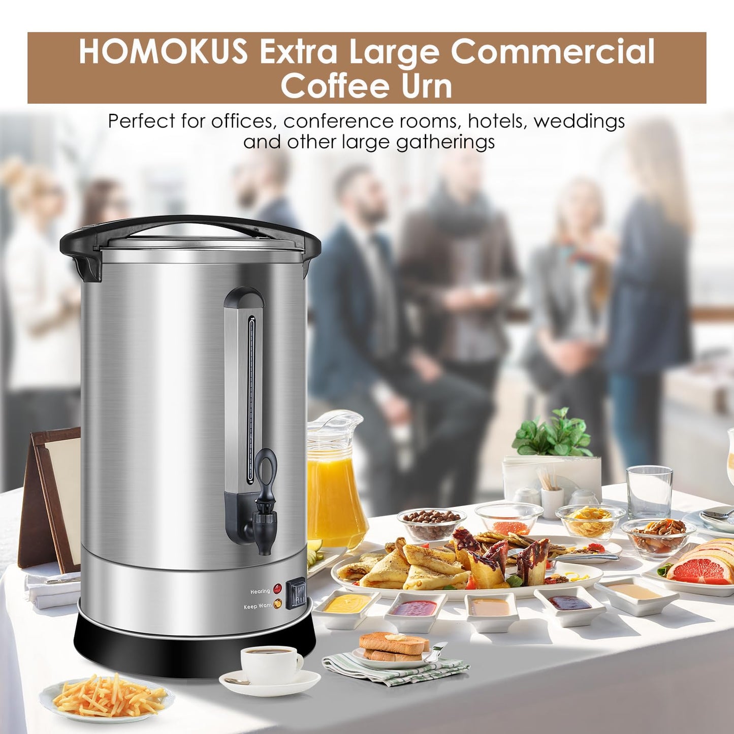HOMOKUS Commercial Coffee Urn, 120 Cup Extra Large Hot Water Urn, 18L Silver Double Wall Stainless Steel Large Coffee Urns, 1500W Quick Brew Commercial Coffee Percolator Electric for Gatherings
