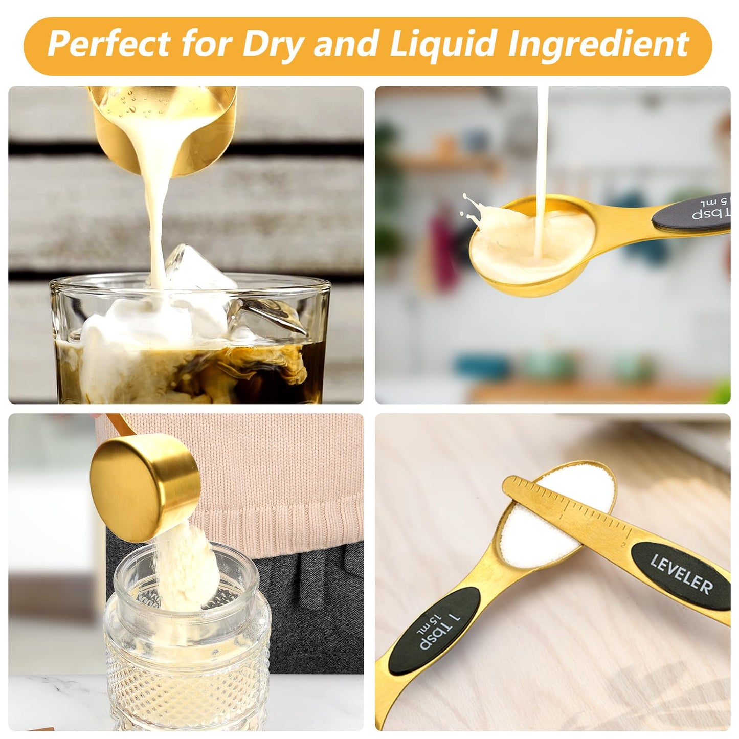 GuDoQi 15pcs Gold Magnetic Measuring Spoons and Cups Set, Stainless Steel 8 Dual Sided Magnetic Measuring Spoons set with Leveler, 7 Cups, Measurement for Liquid and Dry Ingredients for Kitchen