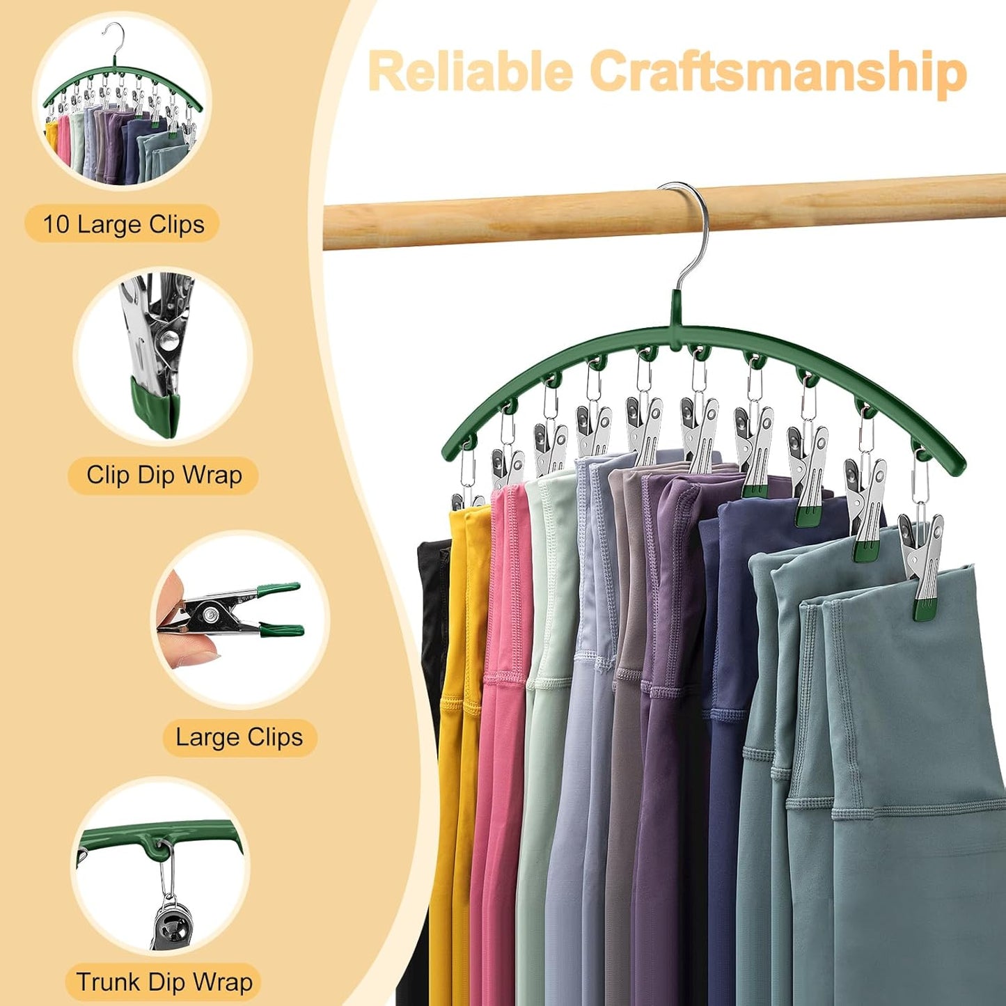 Skiennix Legging Organizer - Space-Saving Metal Yoga Pants Hangers | 4 Pack with 10 Clips, Green