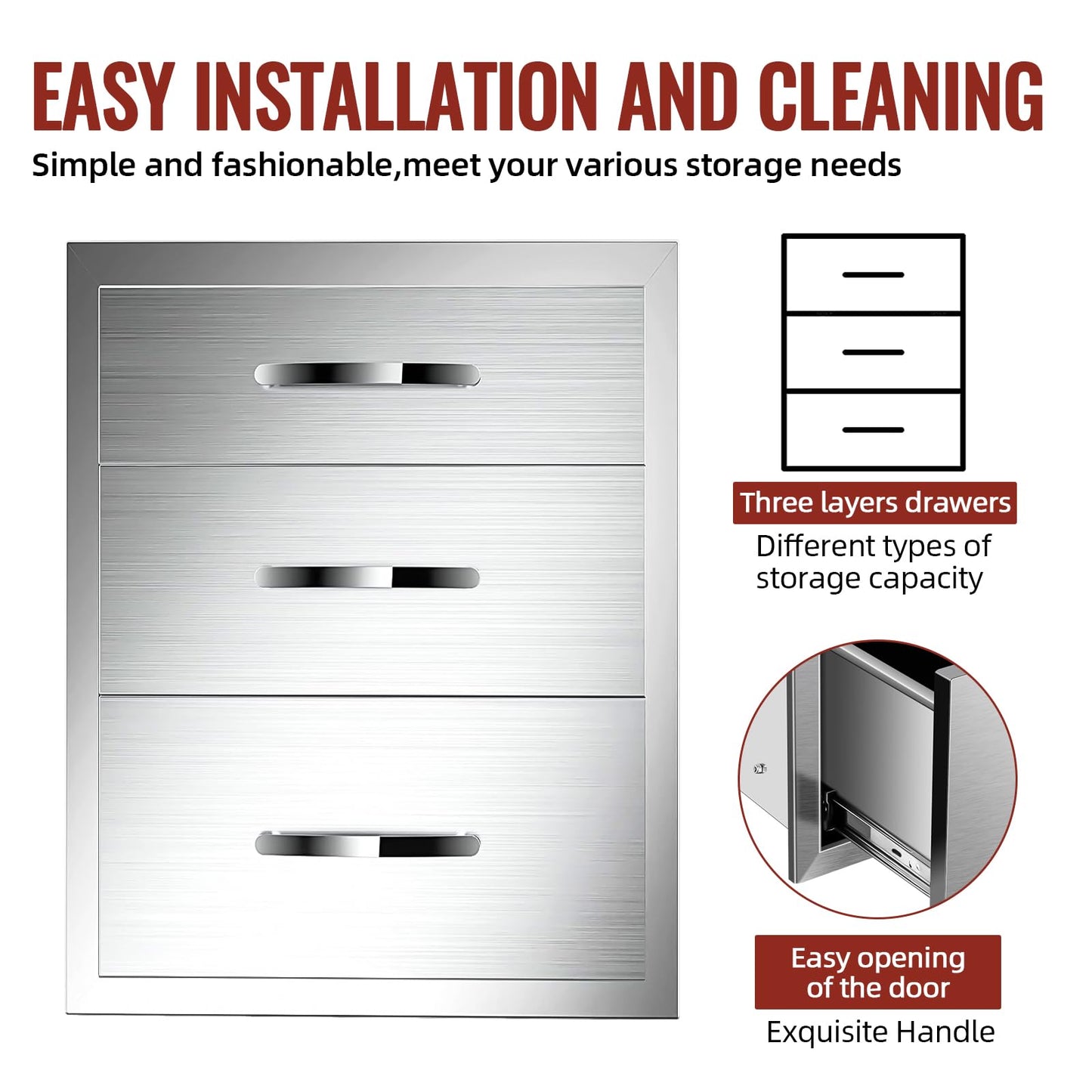 Migoda Outdoor Kitchen Drawers Stainless Steel, BBQ Drawer Inserts for Built-in Patio Grill Station, Triple Drawer, 16''W x 21''H x 23''D
