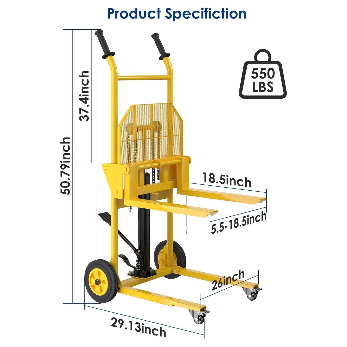 Hydraulic Material Lift,550lbs Lift Dolly,Upgraded Baffle Pallet Lift,37.4” Max Lift with Front Universal Wheels and 9" Polyurethane Wheels, 18.5" Fork Length, Hand Forklift, Steel Platform x 1