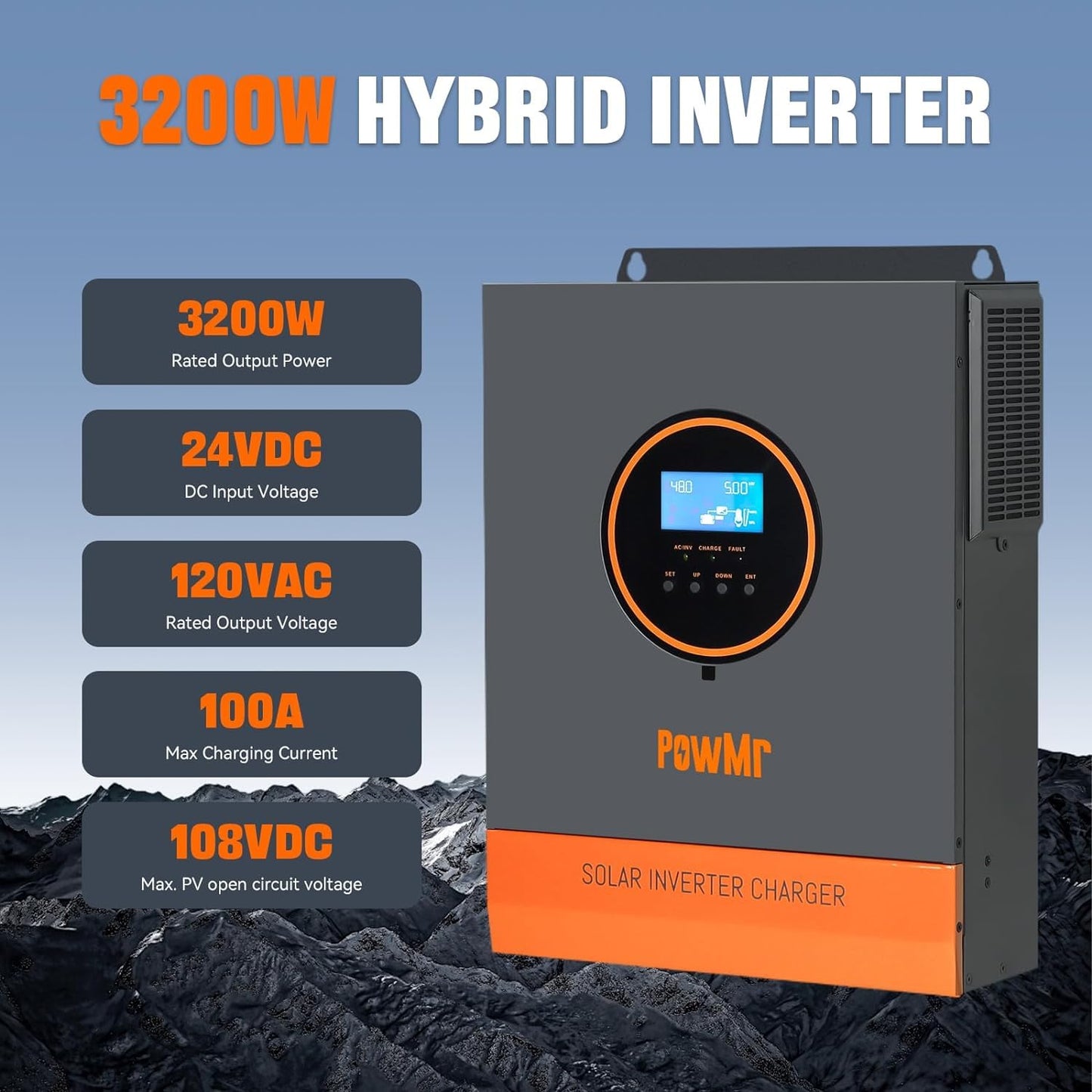 PowMr Solar Inverter 3200W 24VDC to 110VAC, 3200W Pure Sine Wave Inverter Bulit-in 60A MPPT Controller, Off-Grid 3000W Power Inverter for Home Energy Storage Battery Backup