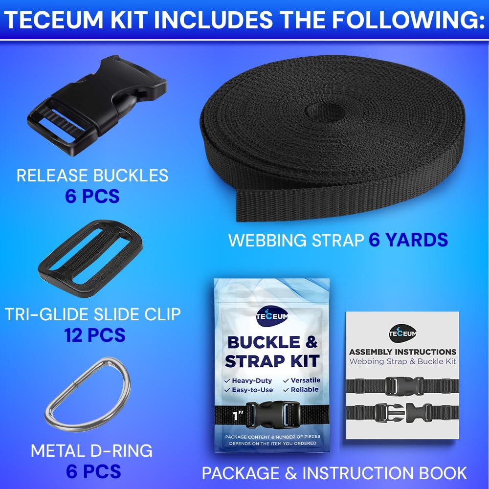 TECEUM Buckles & Strap Kit – 1" Black Nylon Webbing 6 (yd) – 6 Heavy Duty Adjustable Plastic Buckles – 12 Tri-Glide Slide Clips – 6 Metal D-Ring – Ideal Straps for Arts Crafts Outdoors Indoors DIY