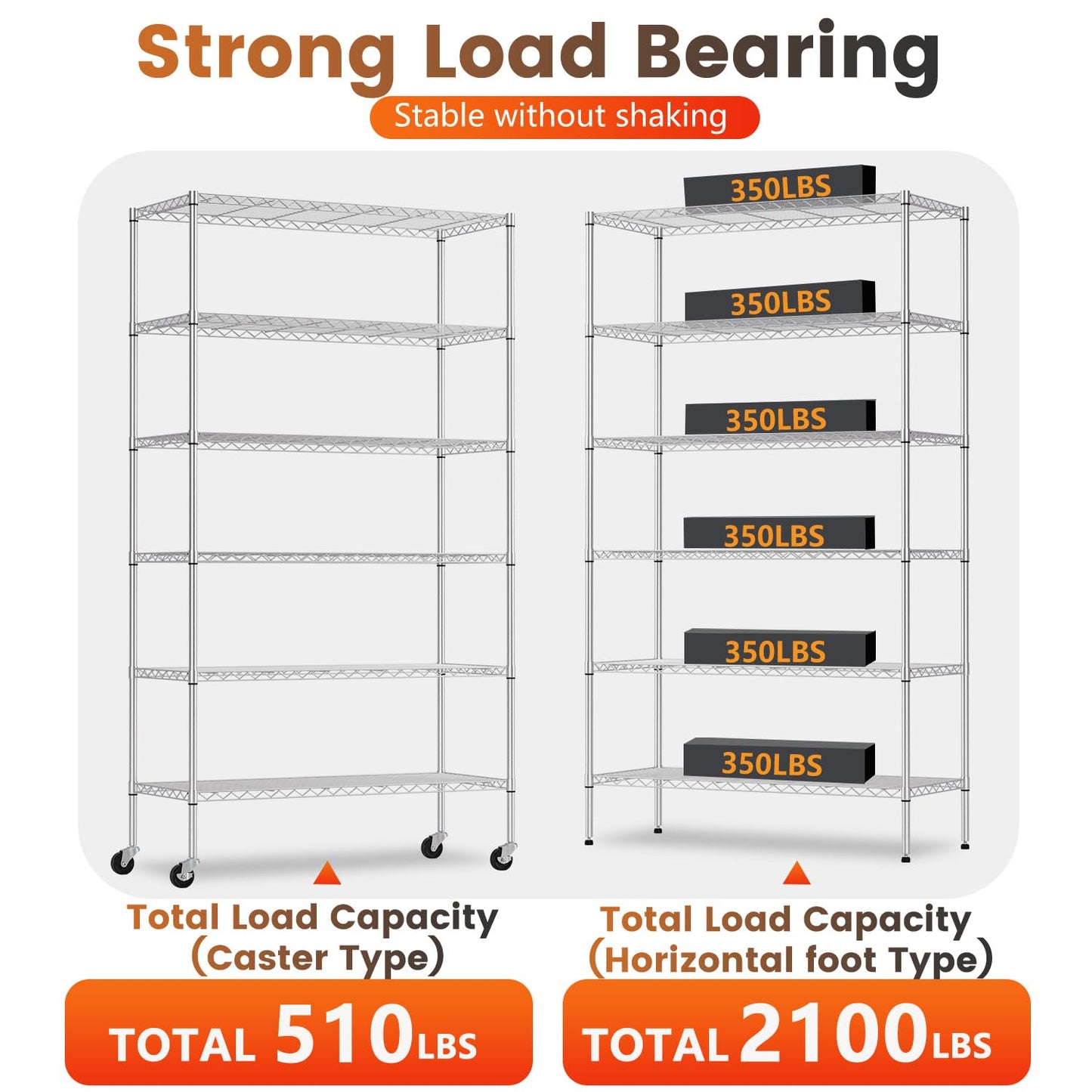 BestOffice | 6-Tier Wire Storage Shelves with Wheels | 18x45x82 | Chrome | Adjustable Racks | Heavy-Duty Metal Shelf, Holds Upto 2100 lbs | No-Tool Assembly | Ideal for Home & Garage Shelving