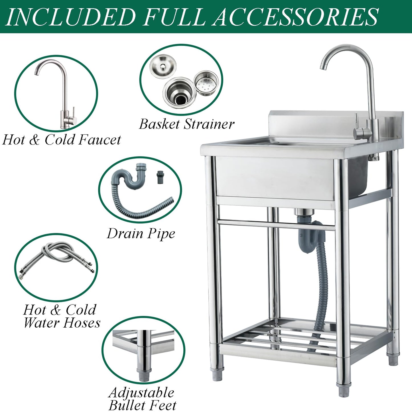 Bokaiya Stainless Steel Utility Sink, Free Standing Small Stainless Steel Sink with Faucet Laundry Room Sink 16 Gauge Single Bowl Outdoor Commercial Garage Sink (19"D x 23"W x 38"H)