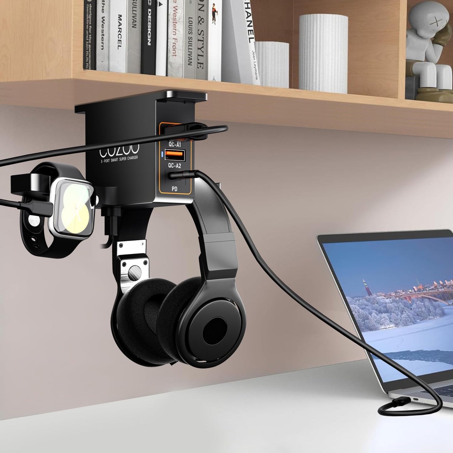 cozoo Headset 3 Headphone Stand with USB Charger Under Desk Holder Mount USB Charging Station,iWatch Stand Watch Dock