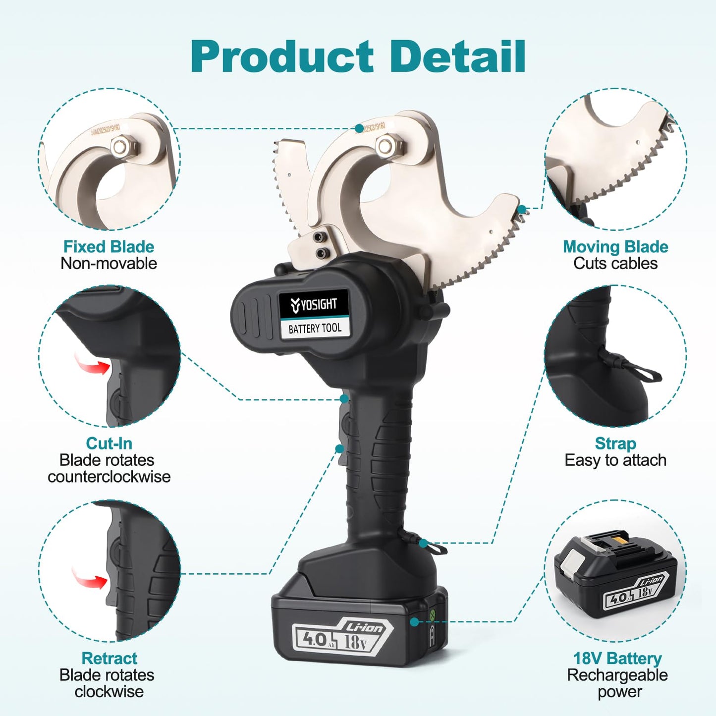 YOSIGHT 54mm Heavy Duty Cable Cutters Kit, 18VDC Cordless Rechargeable Electrical ACSR Cutting Tool for Copper and Aluminum, 2 4Ah Batteries & 1 Battery Charger Included