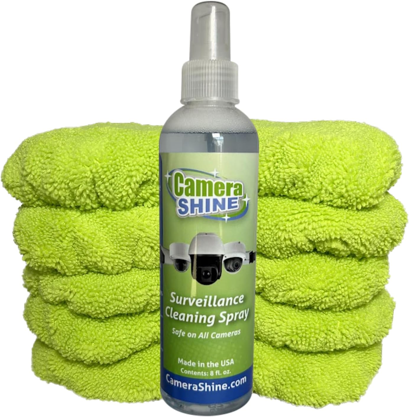 CameraShine 10 8oz PRO Refill Kit with Reusable Bonnets and Anti-Static Cleaning Spray for Surveillance Cameras
