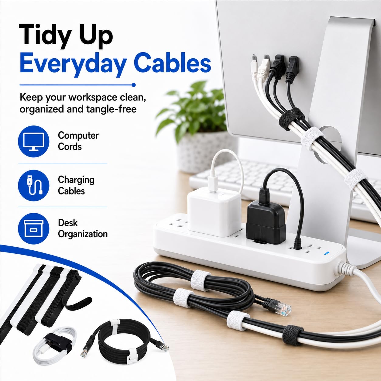 70pcs Cable Ties Reusable Black and White Wire Ties Cable Management Cord Ties Reusable for Electronics Hook and Loop Cable Ties for Computer 4 6 8 Inch