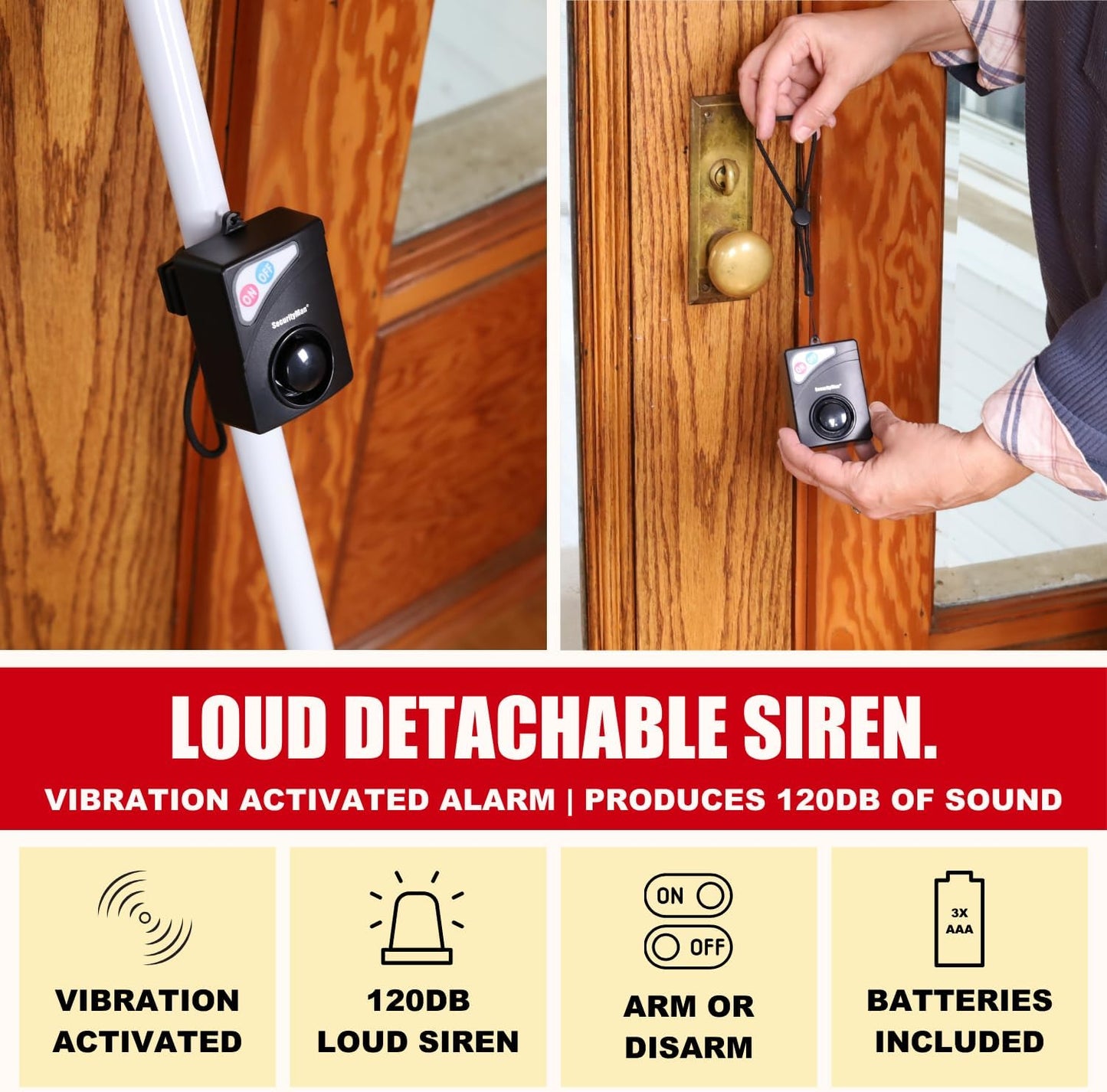 SECURITYMAN 120dB Jammer 400lbs Door Security Bar with Alarm (Detachable) - Siren Door Stopper Alarm - Adjustable