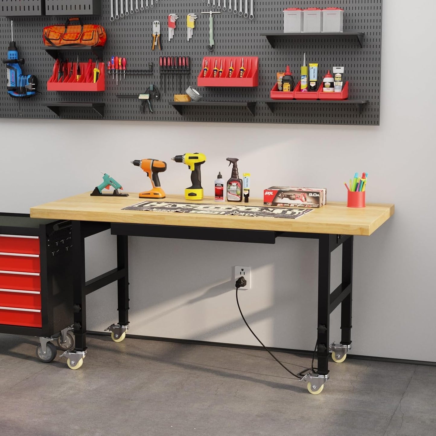 Pelnuies 60" Heavy Duty Work Bench with Wheels, Adjustable Height Workbench with Drawers, 2000 LBS Capacity Work Table with Power Outlets for Garage, Workshop, Office, Home