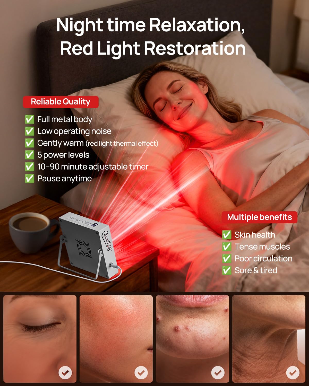 Red Light Therapy for Body Panel, FSA&HSA Eligible, 16‑LED 6 Wavelengths (630 nm, 660 nm, 810 nm, 830nm, 850 nm, 940 nm) Near‑Infrared Light Therapy Device, Ease Discomfort and Revitalize Skin(White)