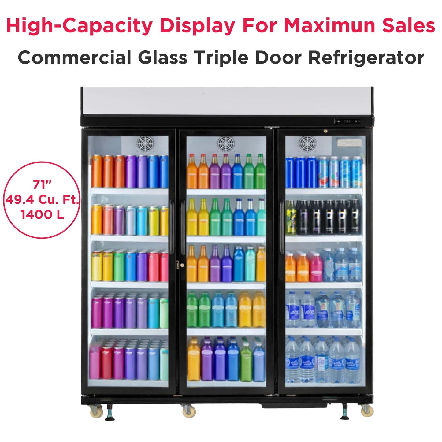 Frigidaire Commercial, 70.9" Triple Door Glass Display Refrigerator, Merchandiser Fridge, 49 Cu Ft, LED Lighting, 8 Wire Shelves, Digital Temperature Control, Self-Closing Glass Doors