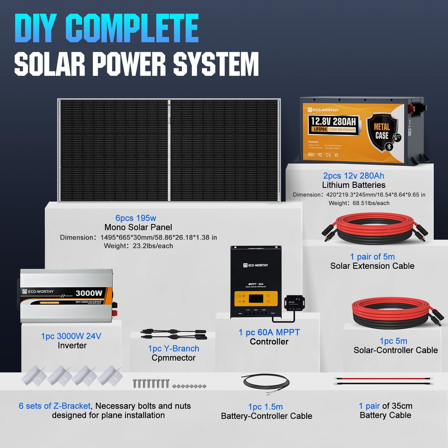 [Ultra] ECO-WORTHY 1200W 24V 5.52KWH Lithium Battery Solar System Off Grid:6pcs 195W Solar Panels+2Pcs 12.8V 280Ah Lithium Battery+60A MPPT Charge Controller+3000W Pure Sine Wave Inverter