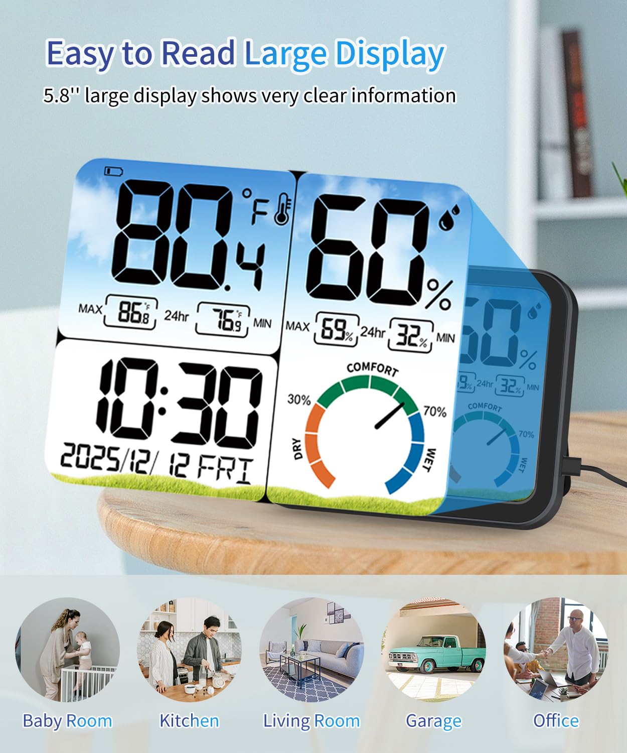 VOCOO Digital Indoor Room Thermometer - 5.8'' Large Display with Accurate Temp & Humidity Monitoring | Backlit, Max/Min Records, Date & Clock