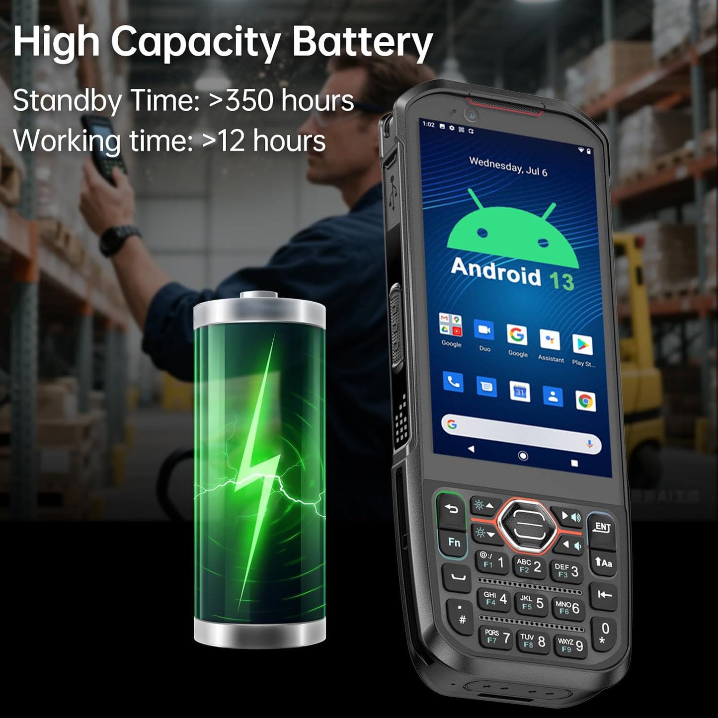 RUGLINE 2025 Android13 PDA, 6GB+64GB Barcode Scanner with Keypad, Equip with 1D 2D QR Code Scanner, Support hot-swappable, BT, WiFi, 4G LTE, NFC, 8-Core CPU Inventory Barcode Data Collector