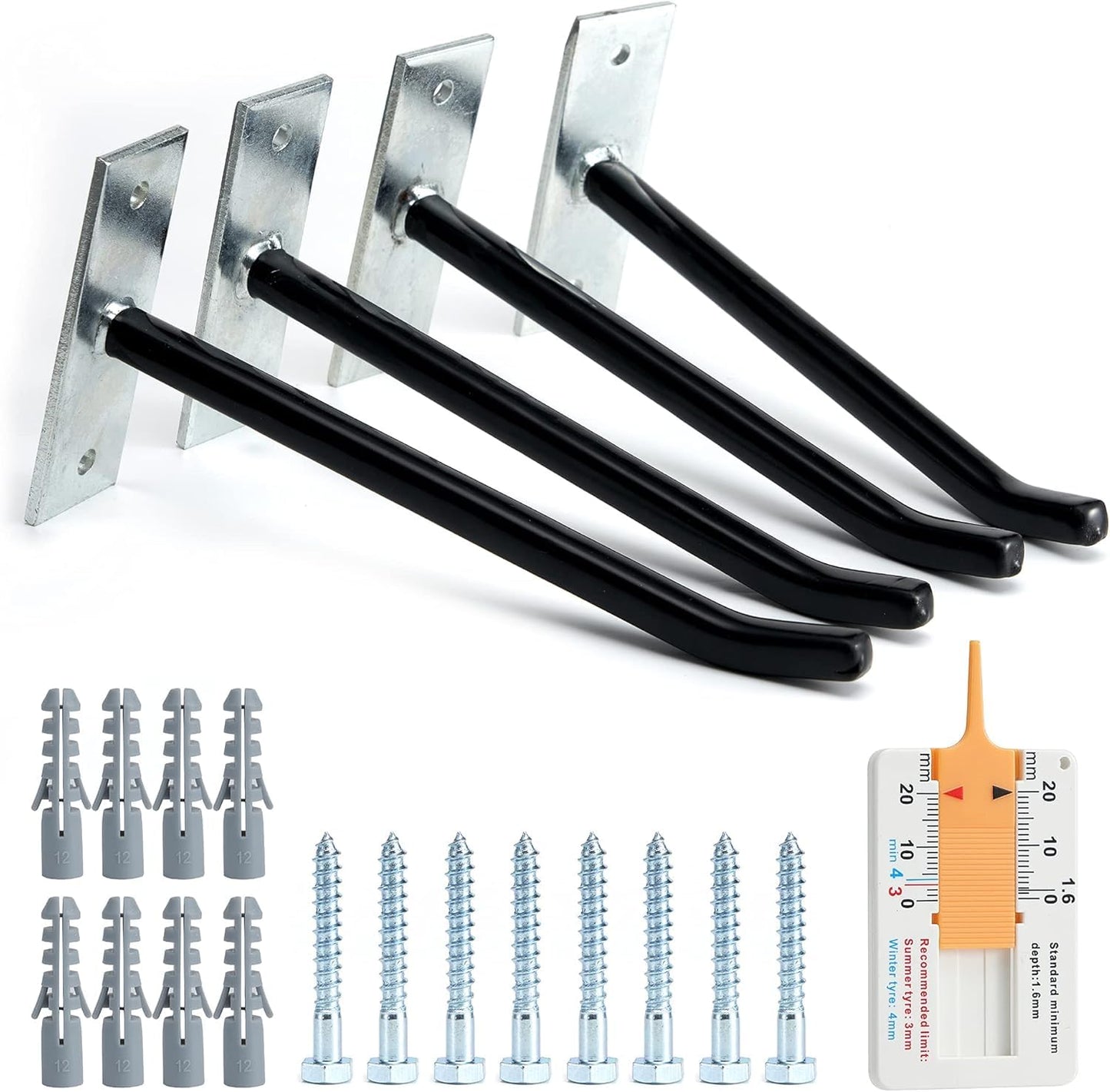 Sinoer 10-Inch Heavy Duty Steel Tire Rack Wall Mount (4-Pack) – Anti-Slip Garage Tires Hooks for Tire, Wheel, Ladder, Bike & Tool Storage – Garage Organization Hanger with Screws & Anchors, Black