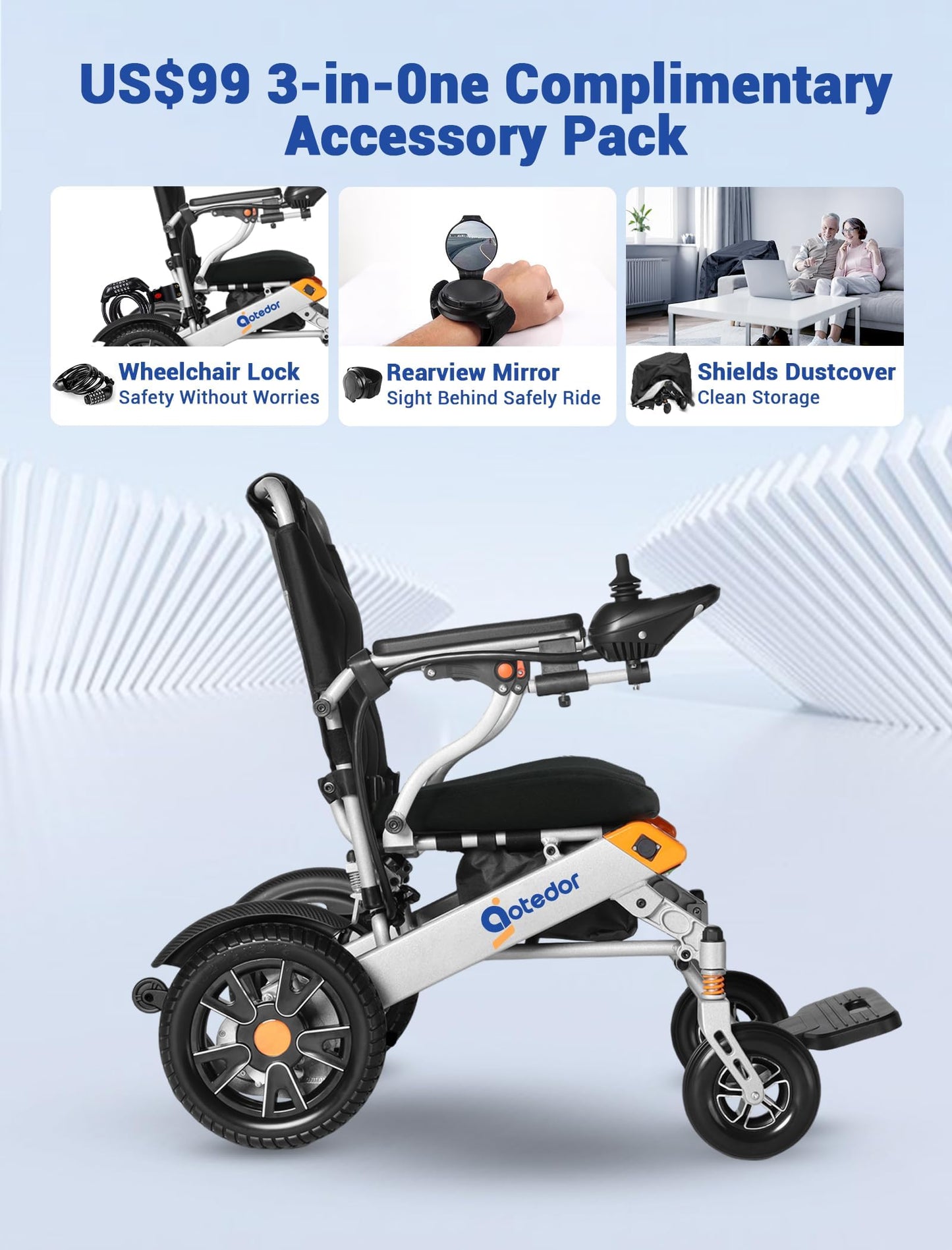 Aotedor Electric Wheelchairs for Adults,Equipped with 2 Packs Safe Side Slide-in Batteries 20 Miles Travel Range All Terrain Motorized Wheelchair for Seniors Airline Approved (Silver-Orange)