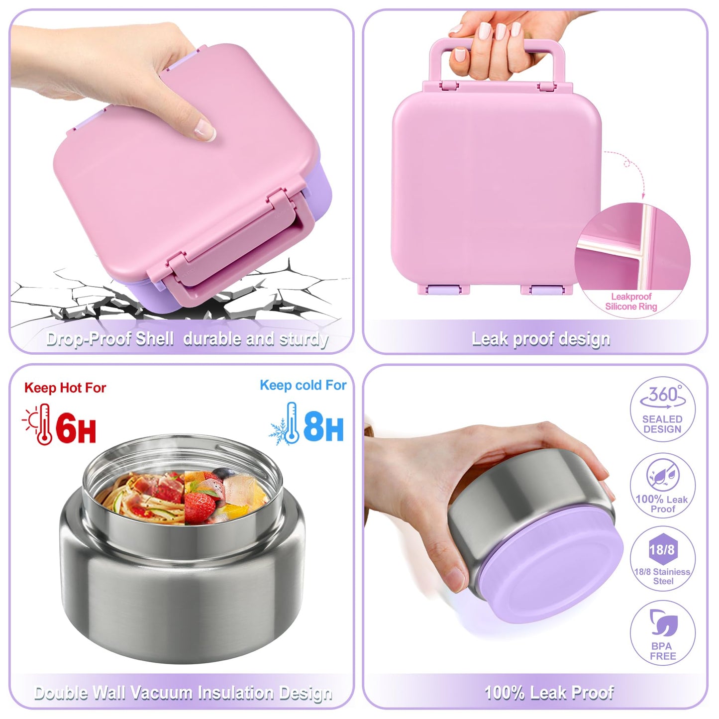 Kids Bento Lunch Box with 9oz Soup Thermo Leakproof Lunch Food Containers 4 Compartment with Insulated Hot Food Jar for Kid Toddler Girls Boys to School Trvael
