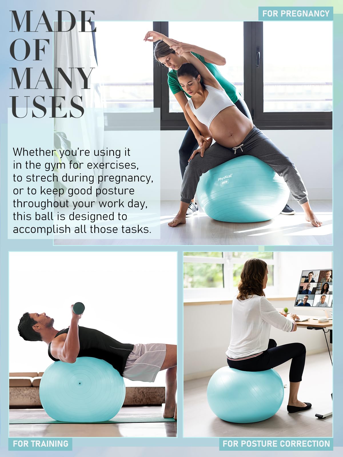 PhysKcal Exercise Yoga Ball Chair with Pilates Ball Set to Strengthen Cores, Balance and Stability, Relieve Pelvic and Lower Back Pain (Sky Blue, L (26-29''/68-75cm))